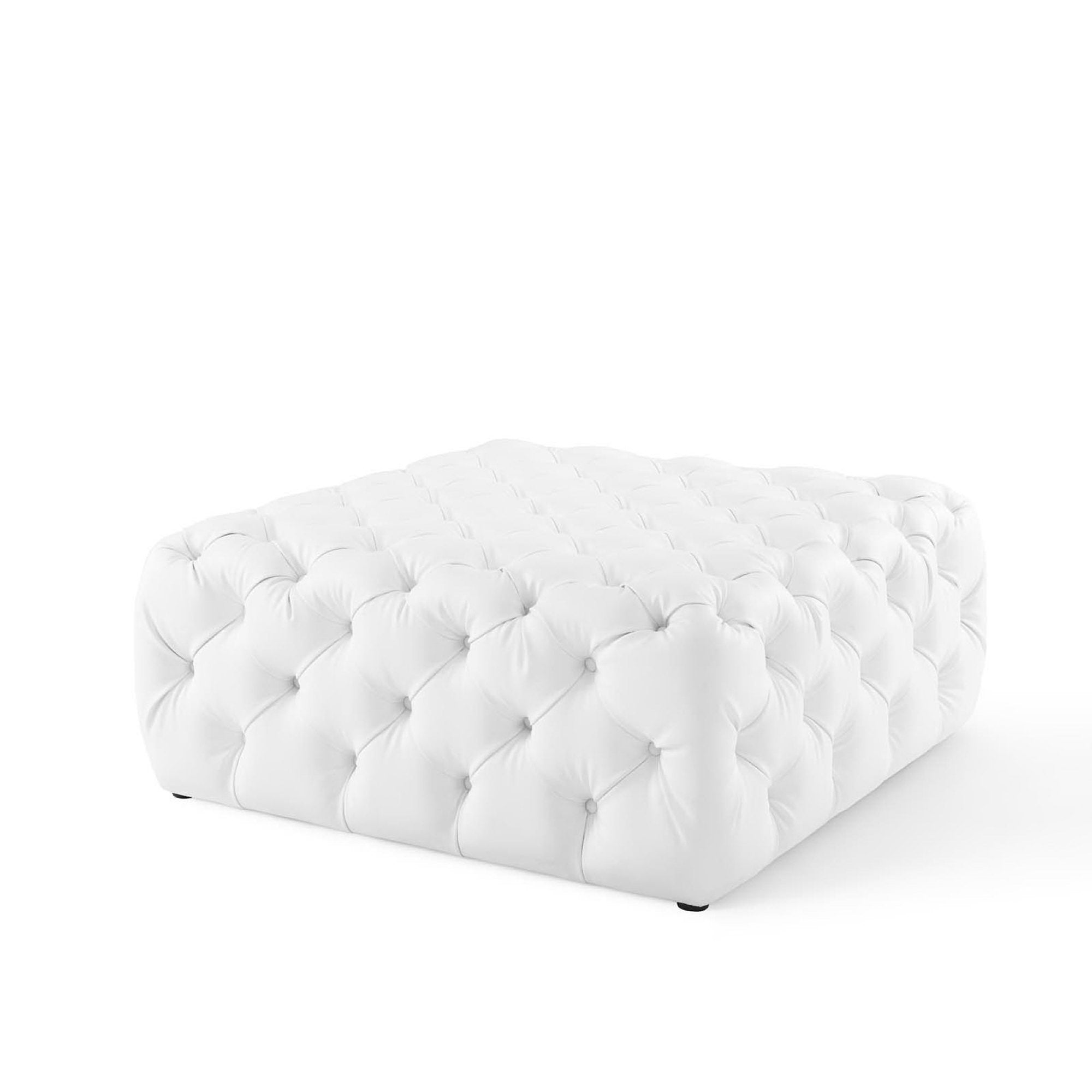 Amour Tufted Button Large Square Faux Leather Ottoman, White