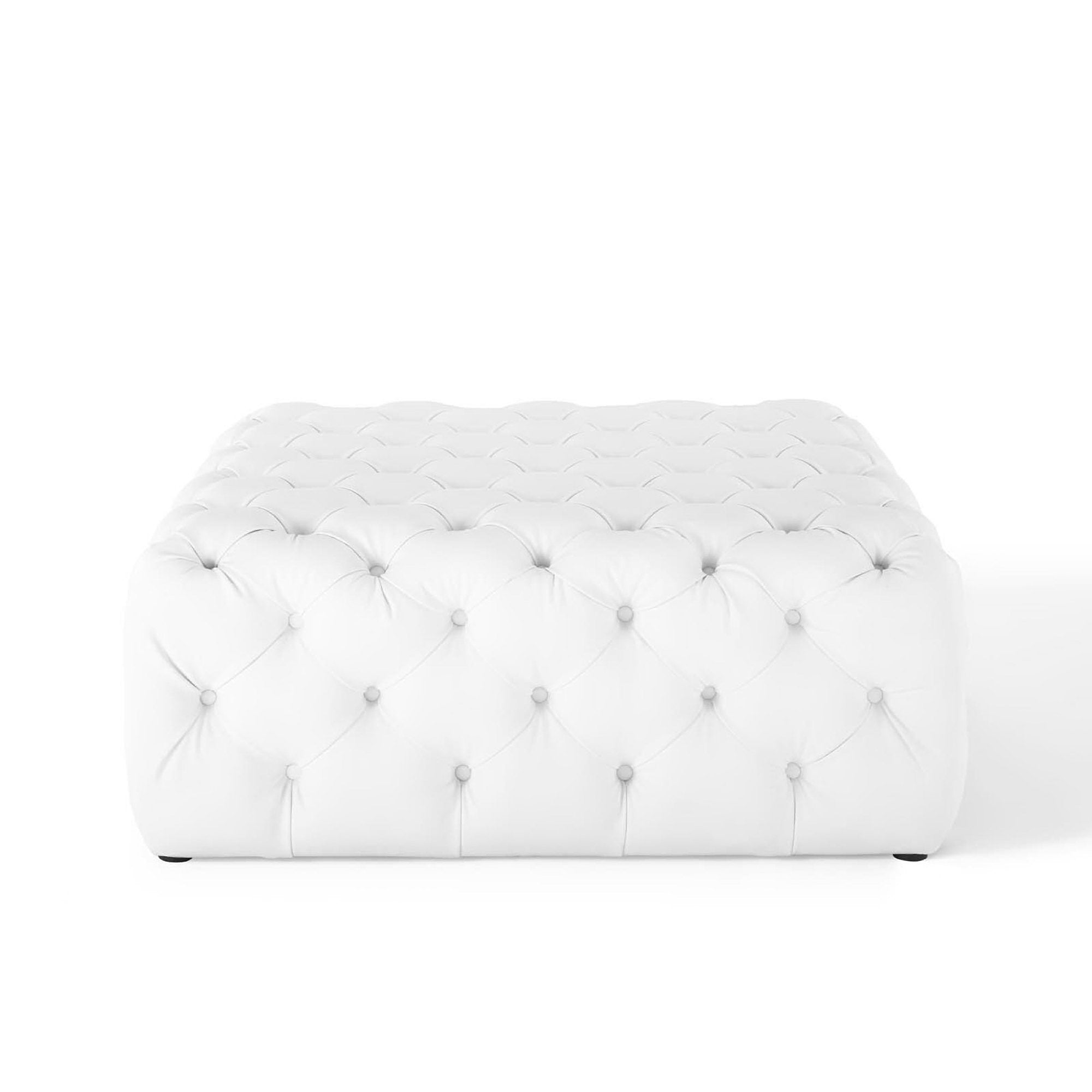 Amour Tufted Button Large Square Faux Leather Ottoman, White