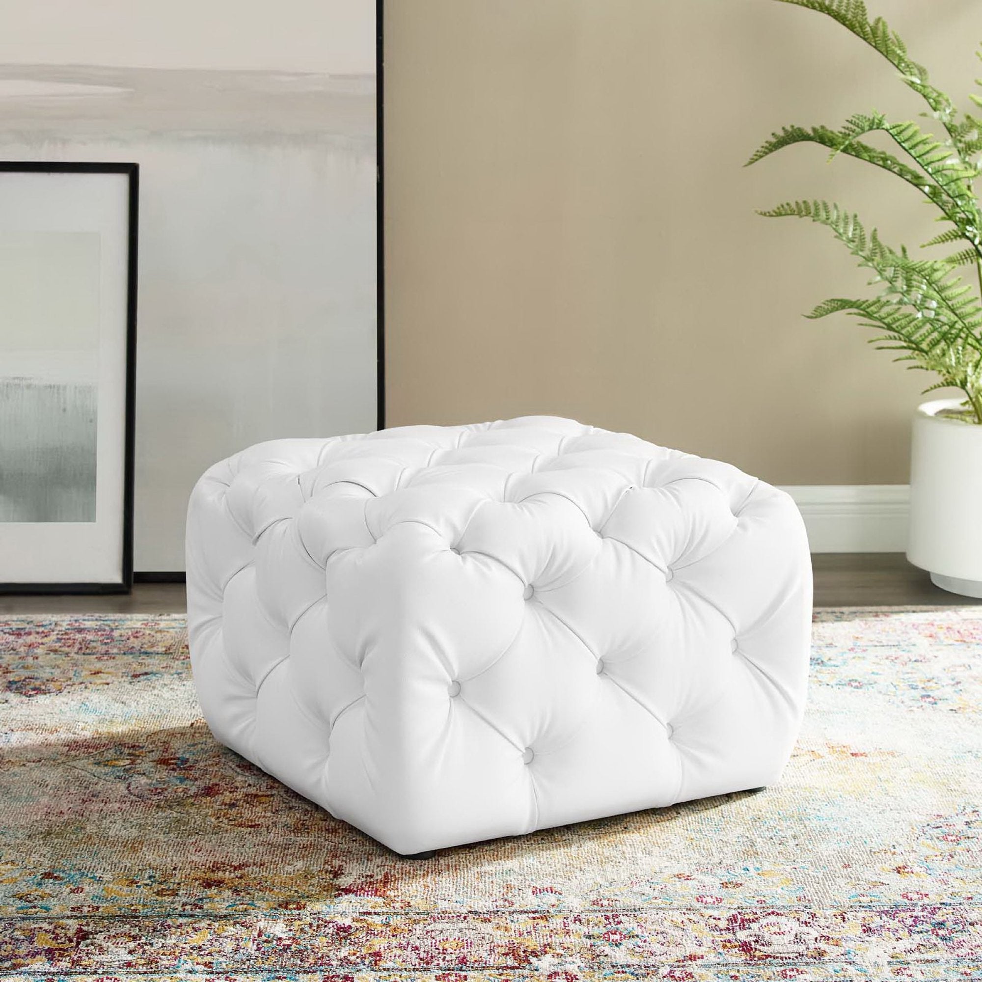 Amour Tufted Button Square Faux Leather Ottoman, White