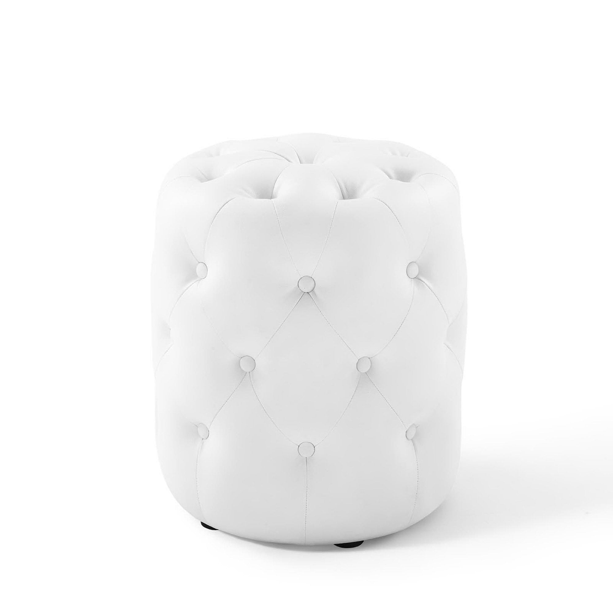 Amour Tufted Button Round Faux Leather Ottoman, White