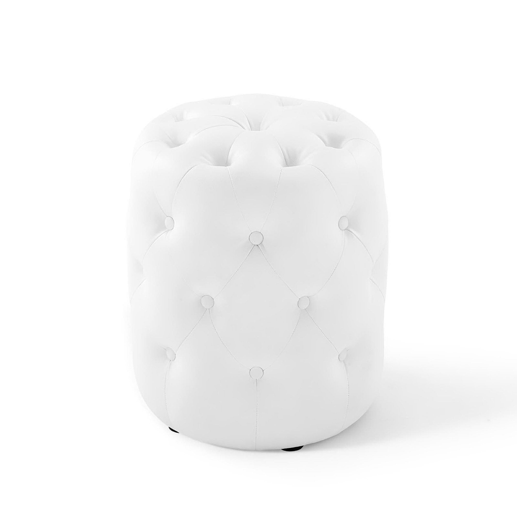 Amour Tufted Button Round Faux Leather Ottoman, White