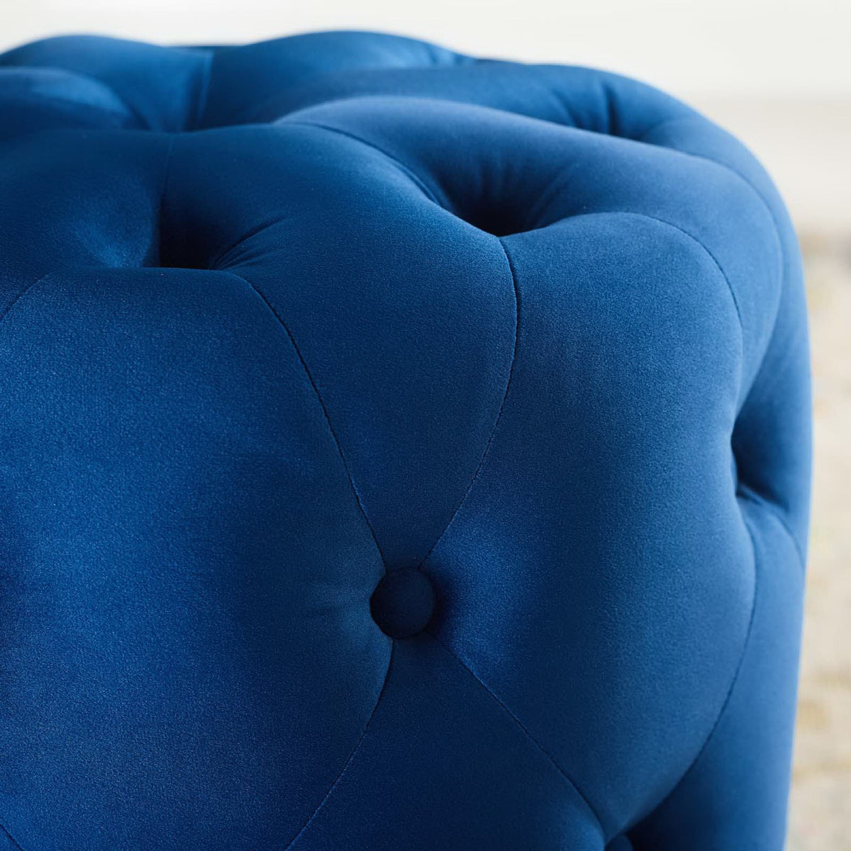 Amour Tufted Button Round Performance Velvet Ottoman, Navy