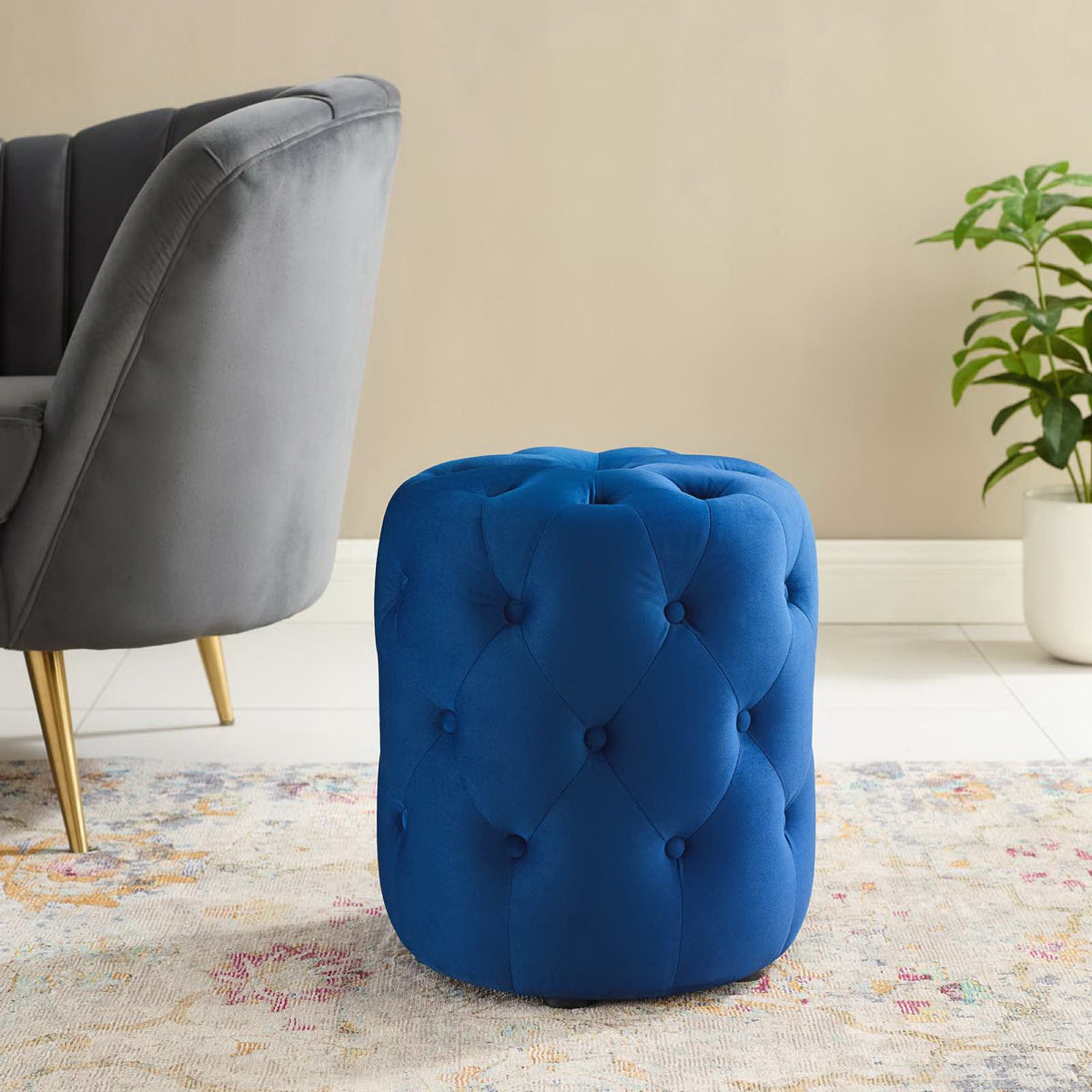 Amour Tufted Button Round Performance Velvet Ottoman, Navy