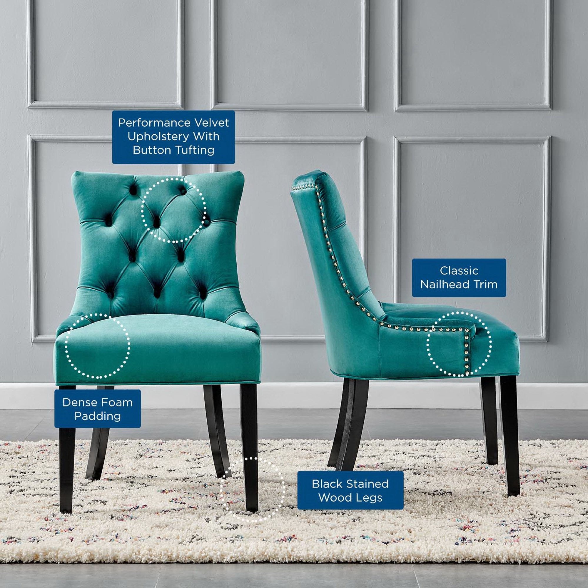 Regent Tufted Performance Velvet Dining Side Chairs Set of 2, Teal