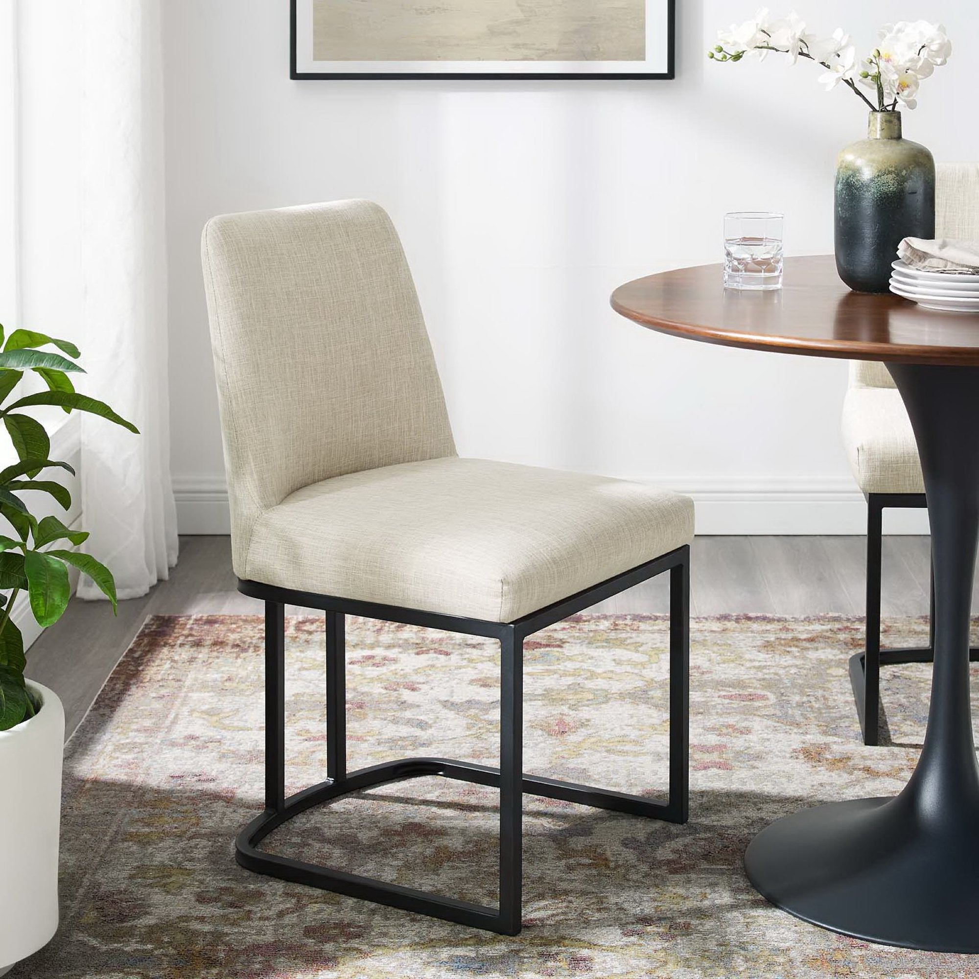 Amplify Sled Base Upholstered Fabric Dining Side Chair, Black Beige