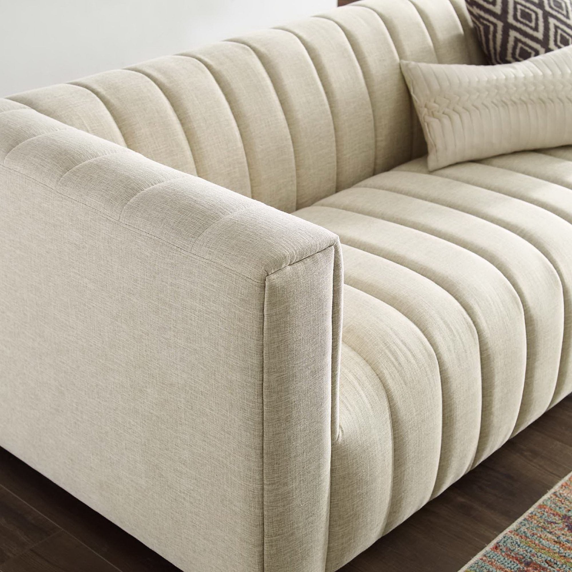 Reflection Channel Tufted Upholstered Fabric Sofa, Beige
