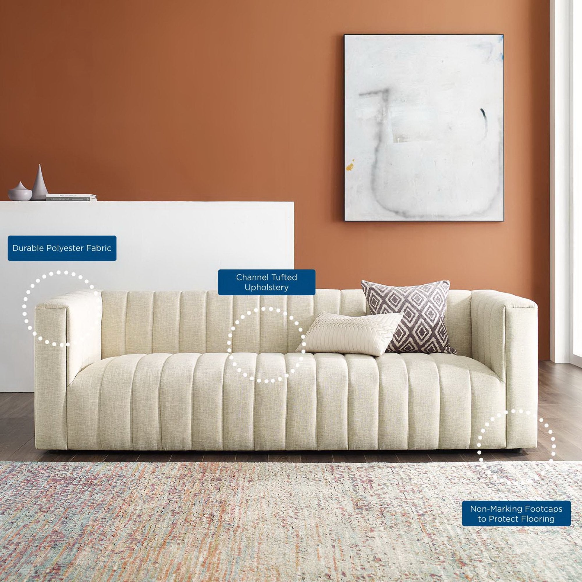 Reflection Channel Tufted Upholstered Fabric Sofa, Beige