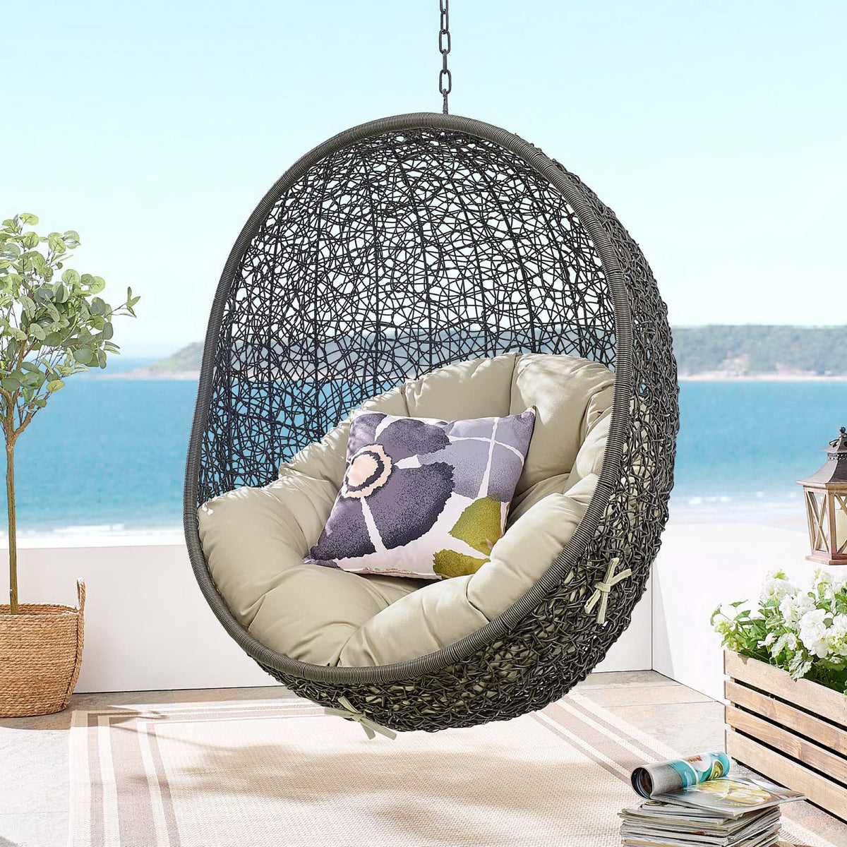 Hide Outdoor Patio Sunbrella® Swing Chair With Stand, Gray Beige