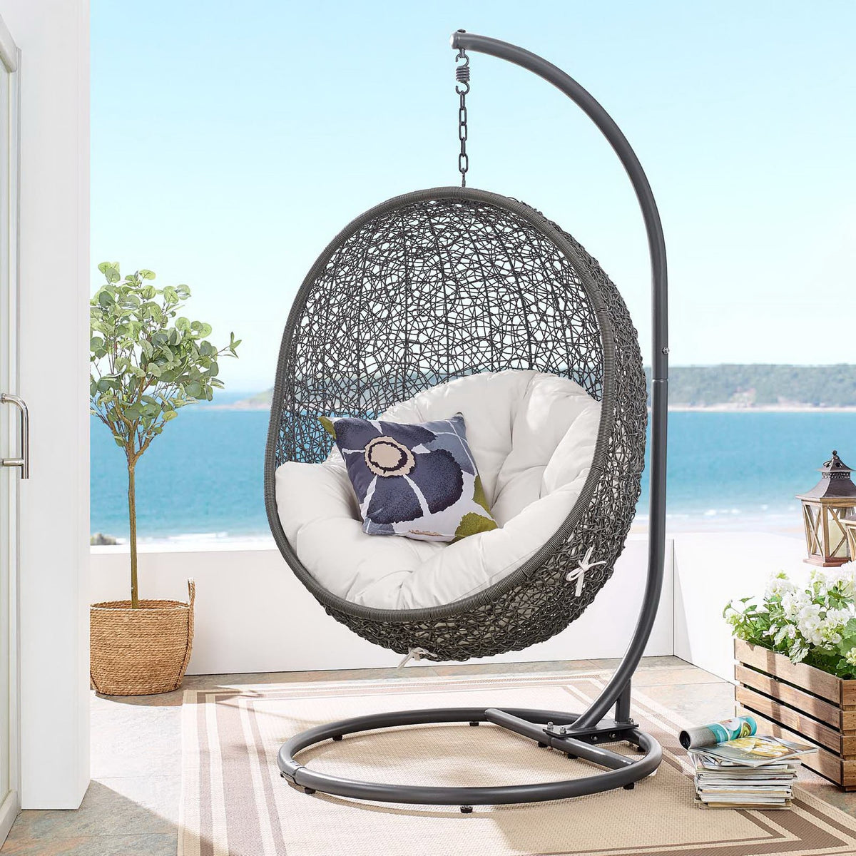 Hide Outdoor Patio Sunbrella® Swing Chair With Stand, Gray White