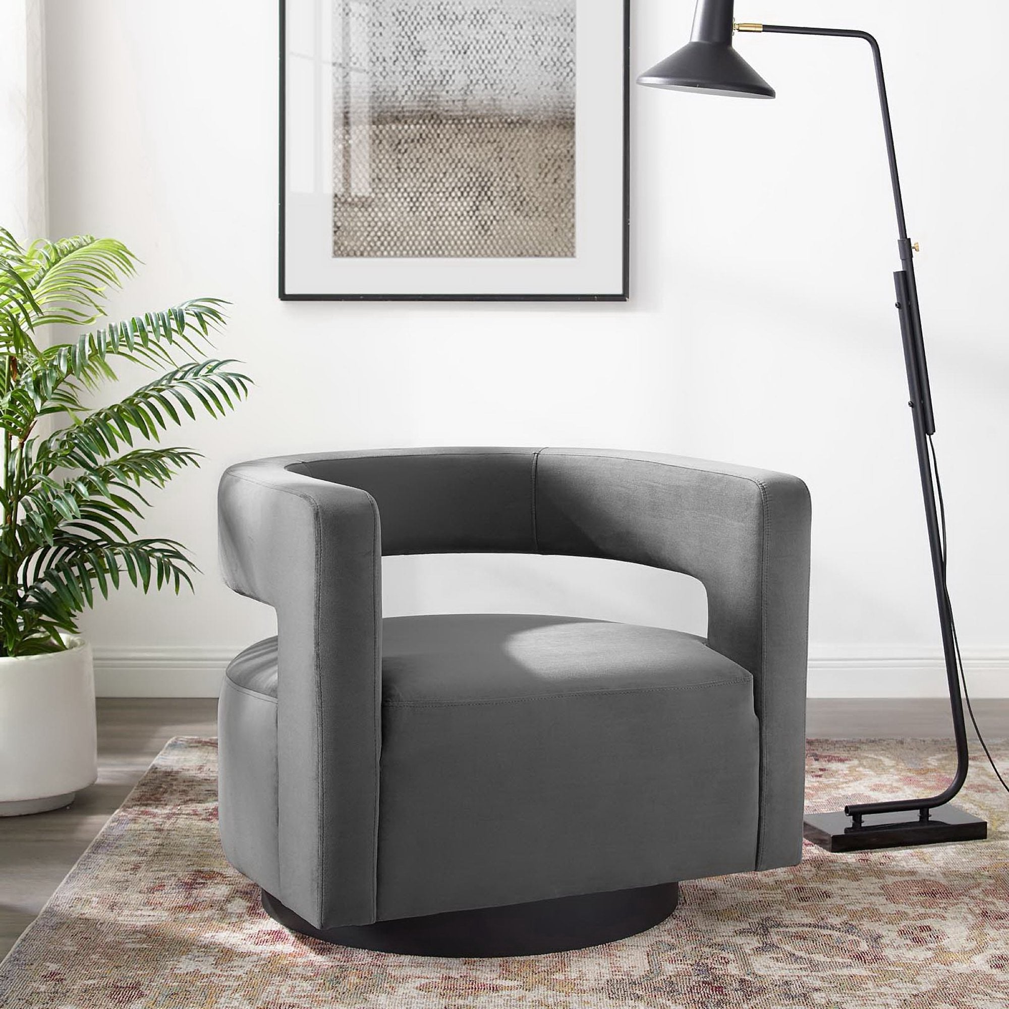 Spin Cutaway Performance Velvet Swivel Armchair, Gray
