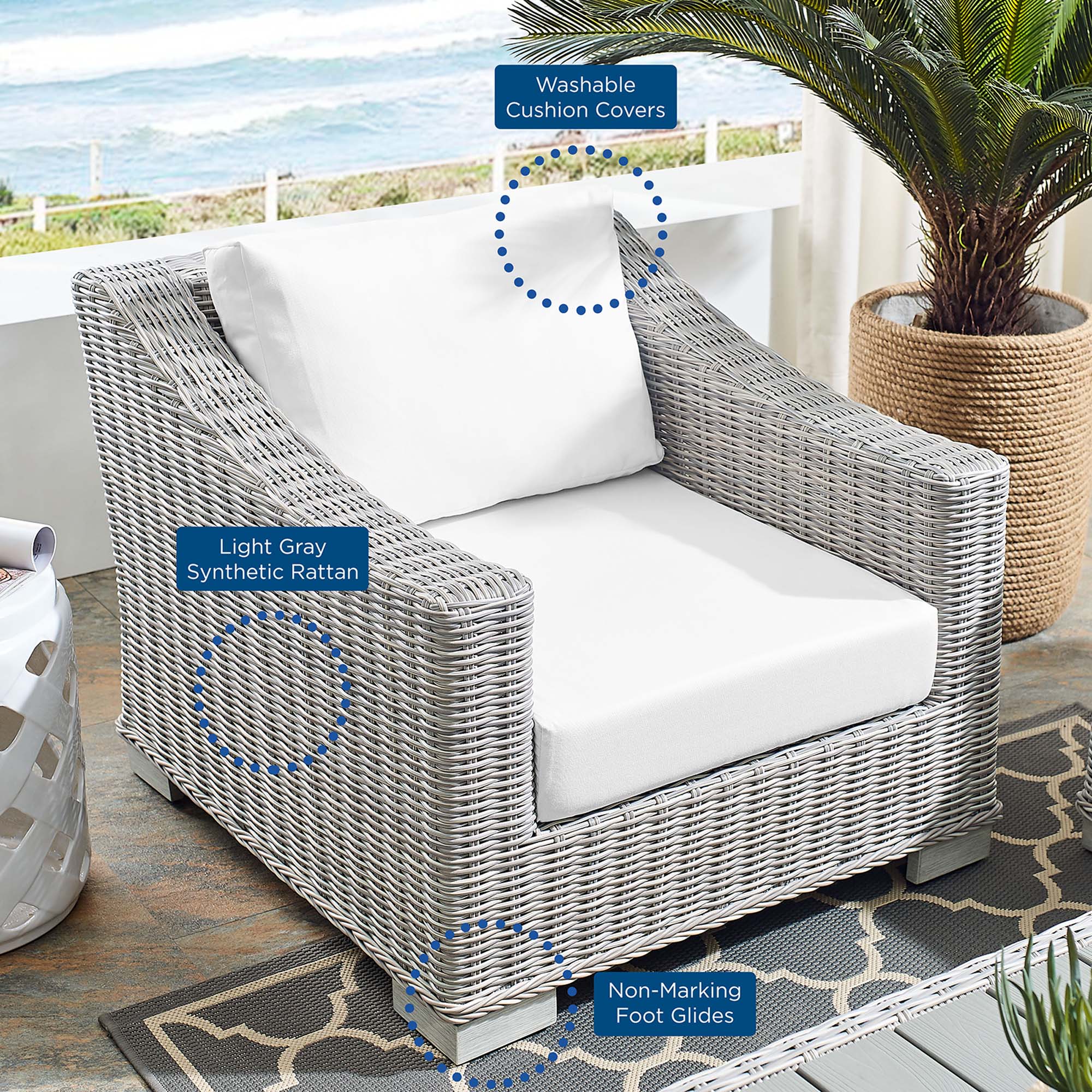 Conway Sunbrella® Outdoor Patio Wicker Rattan Armchair, Light Gray White
