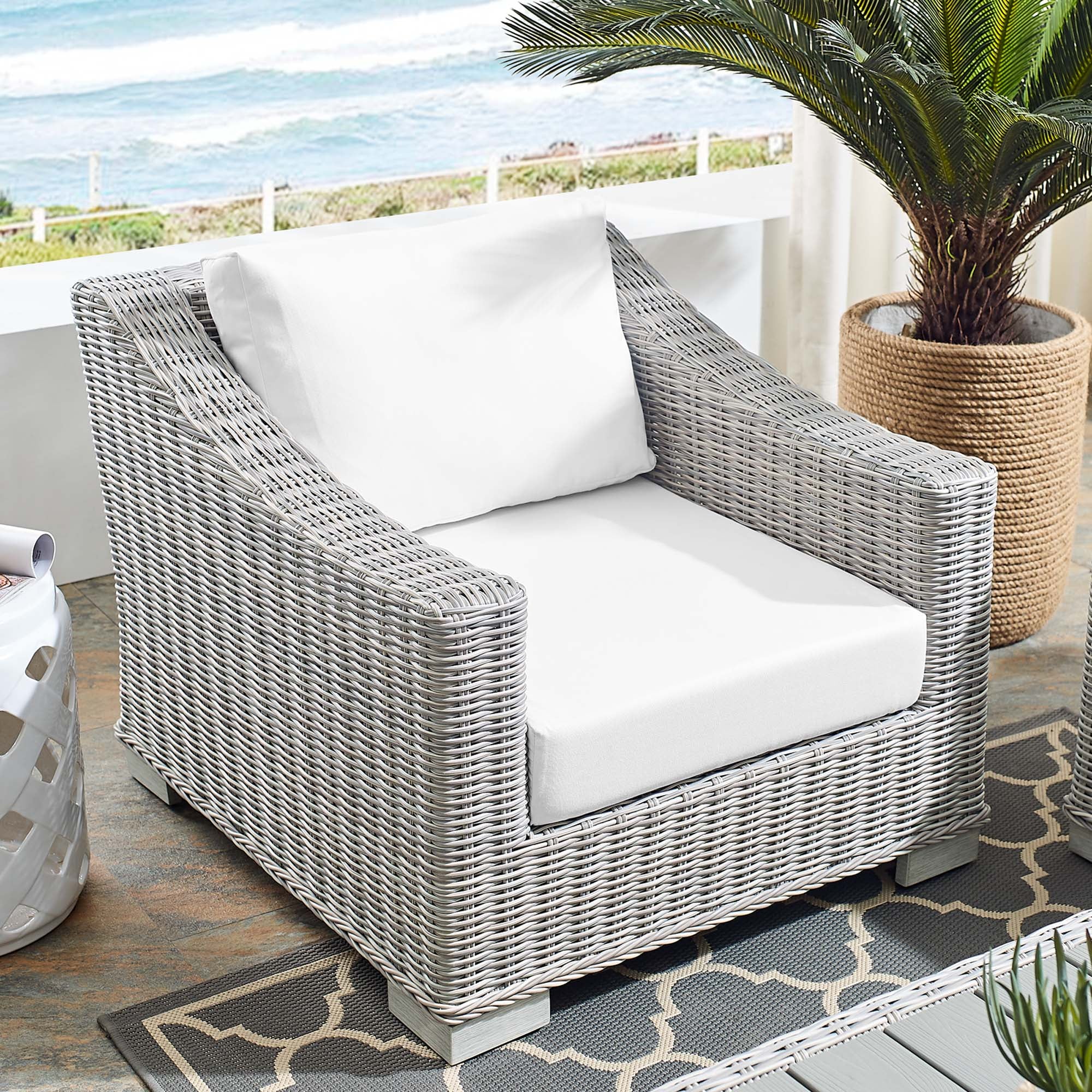 Conway Sunbrella® Outdoor Patio Wicker Rattan Armchair, Light Gray White