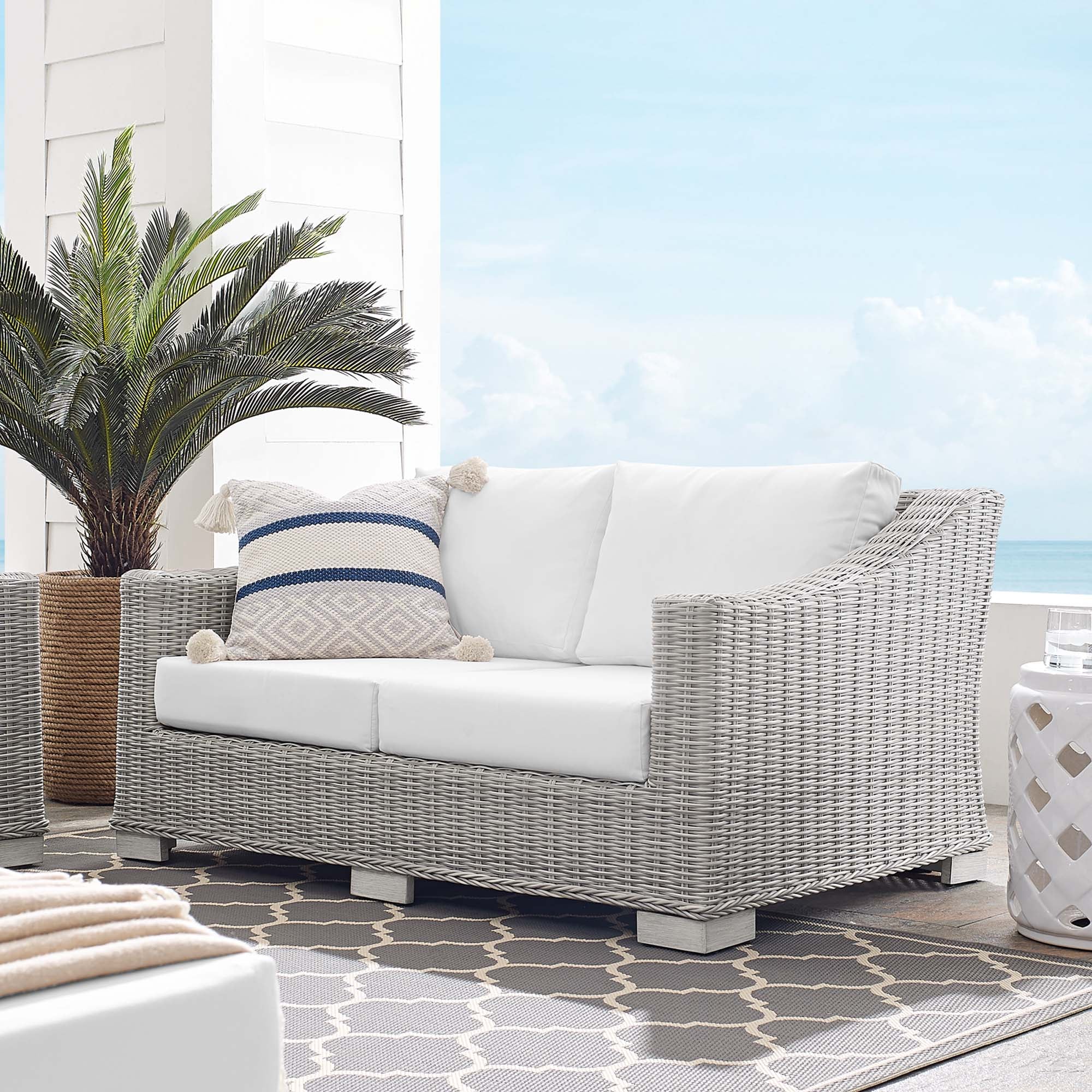 Conway Sunbrella® Outdoor Patio Wicker Rattan Loveseat, Light Gray White