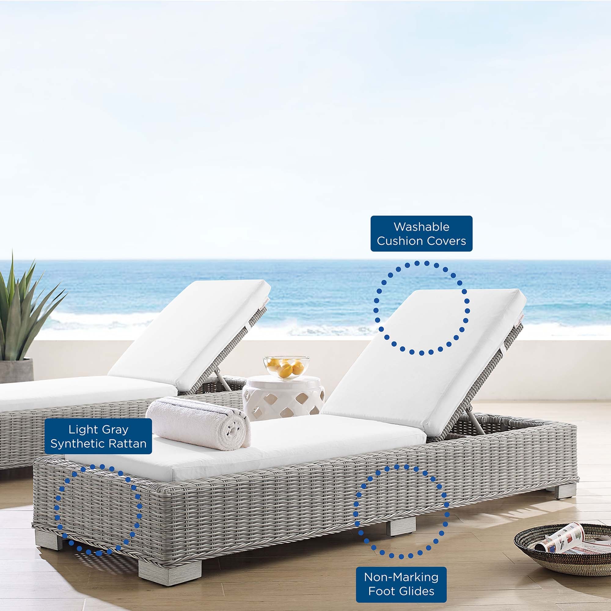 Conway Sunbrella® Outdoor Patio Wicker Rattan Chaise Lounge, Light Gray White