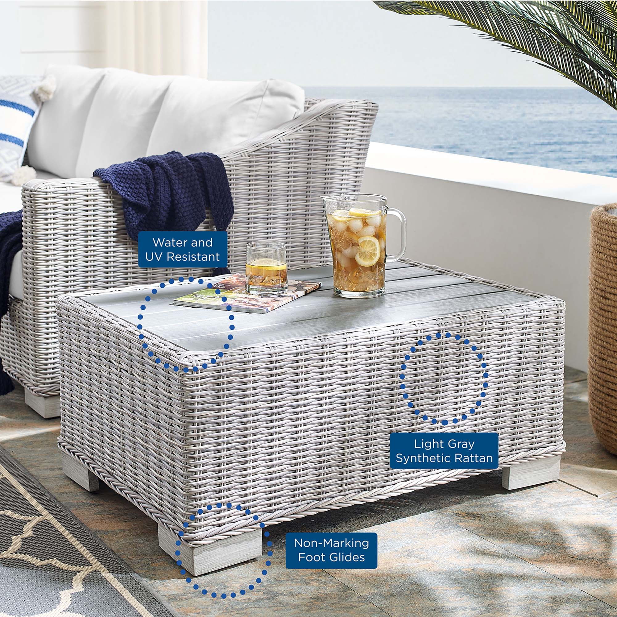 Conway 32" Outdoor Patio Wicker Rattan Coffee Table, Light Gray