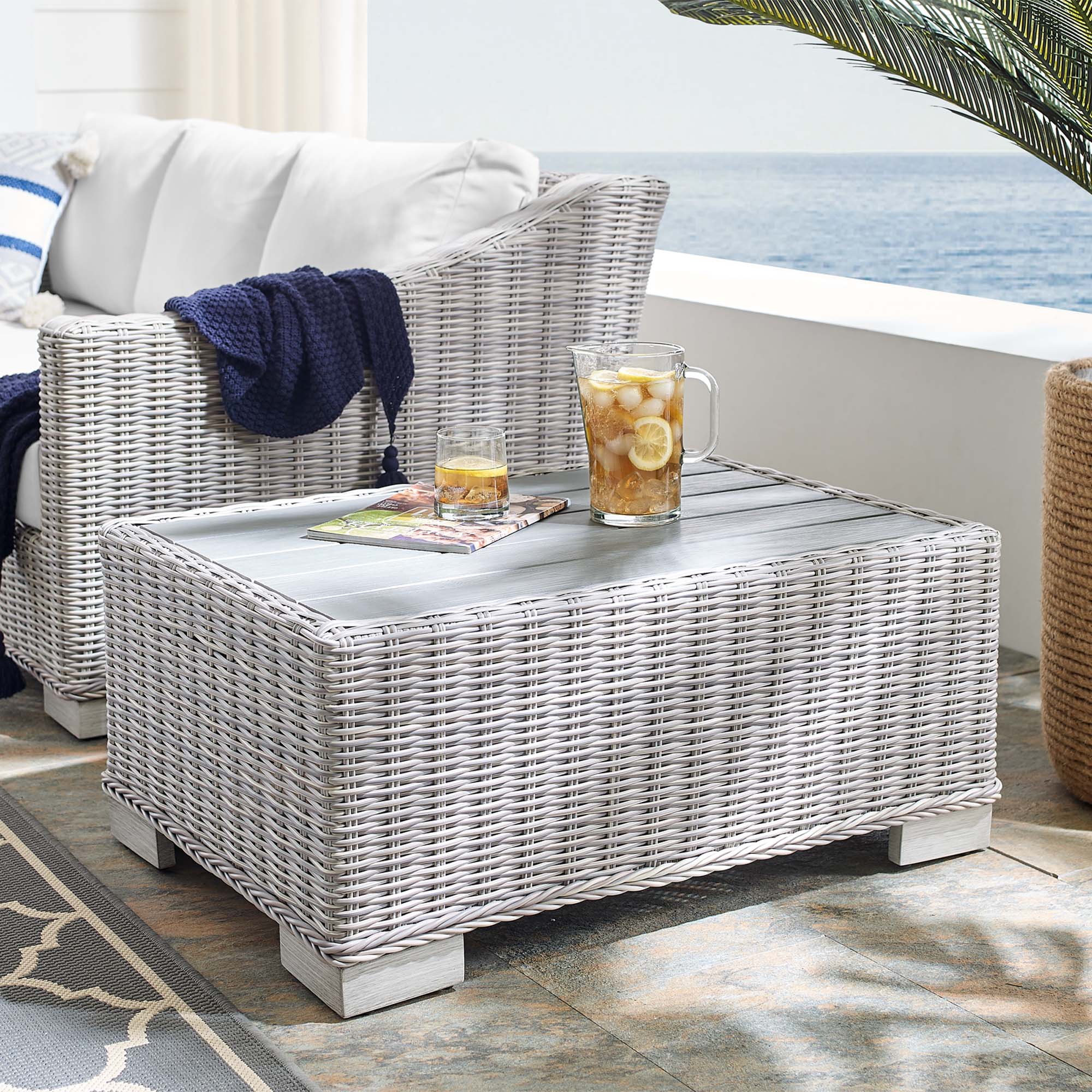 Conway 32" Outdoor Patio Wicker Rattan Coffee Table, Light Gray