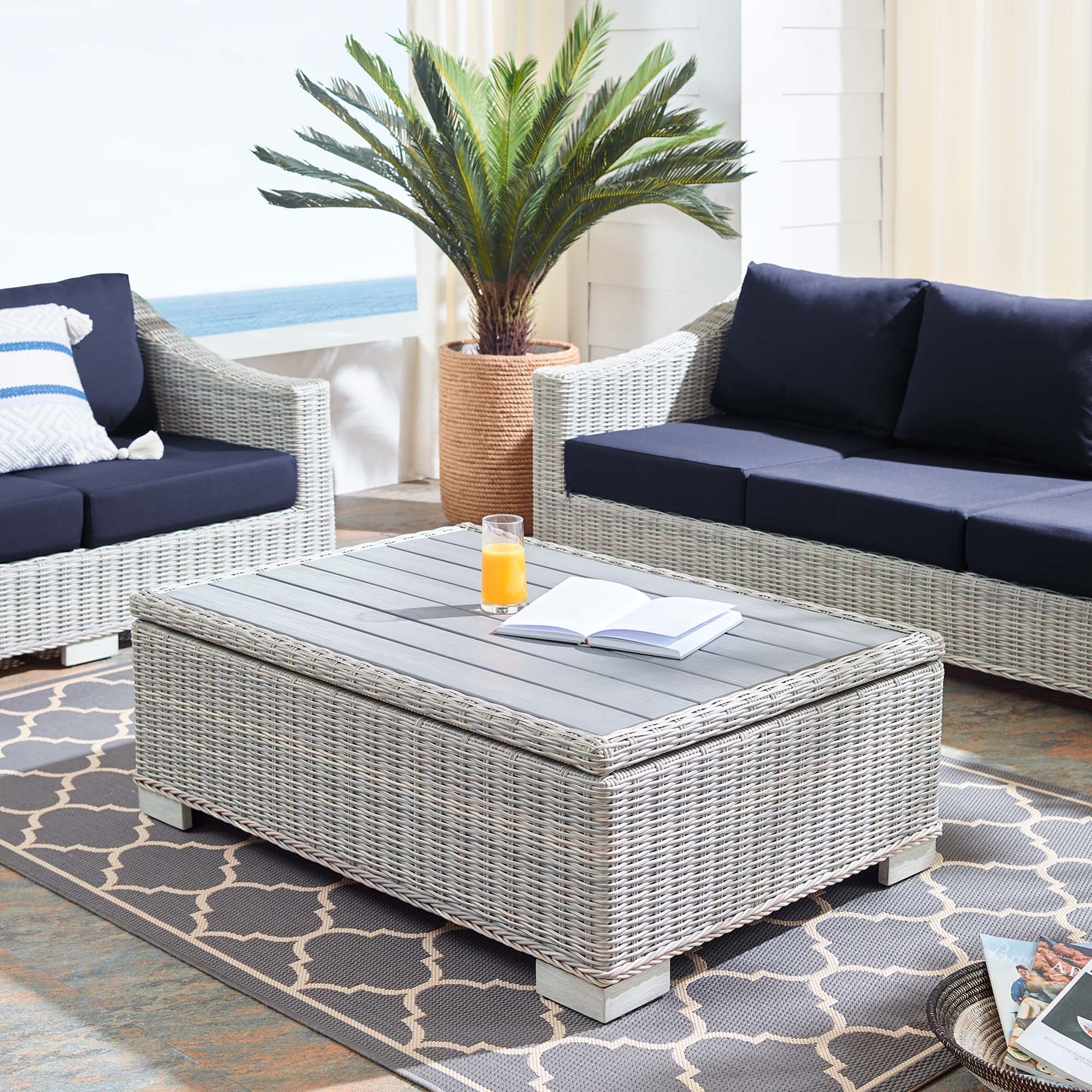Conway 45" Outdoor Patio Wicker Rattan Coffee Table, Light Gray