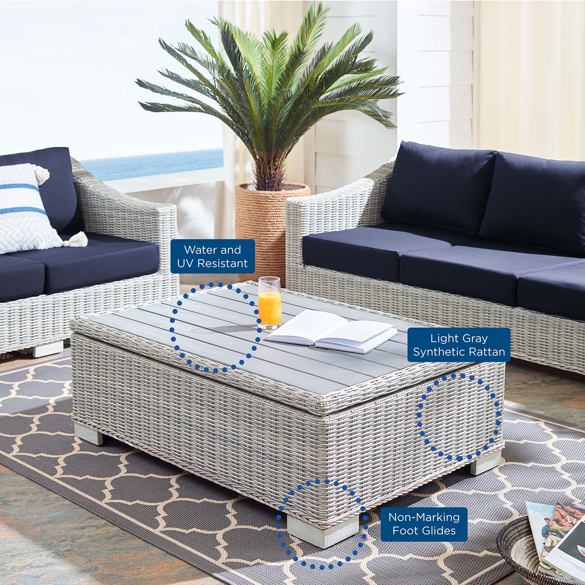 Conway 45" Outdoor Patio Wicker Rattan Coffee Table, Light Gray