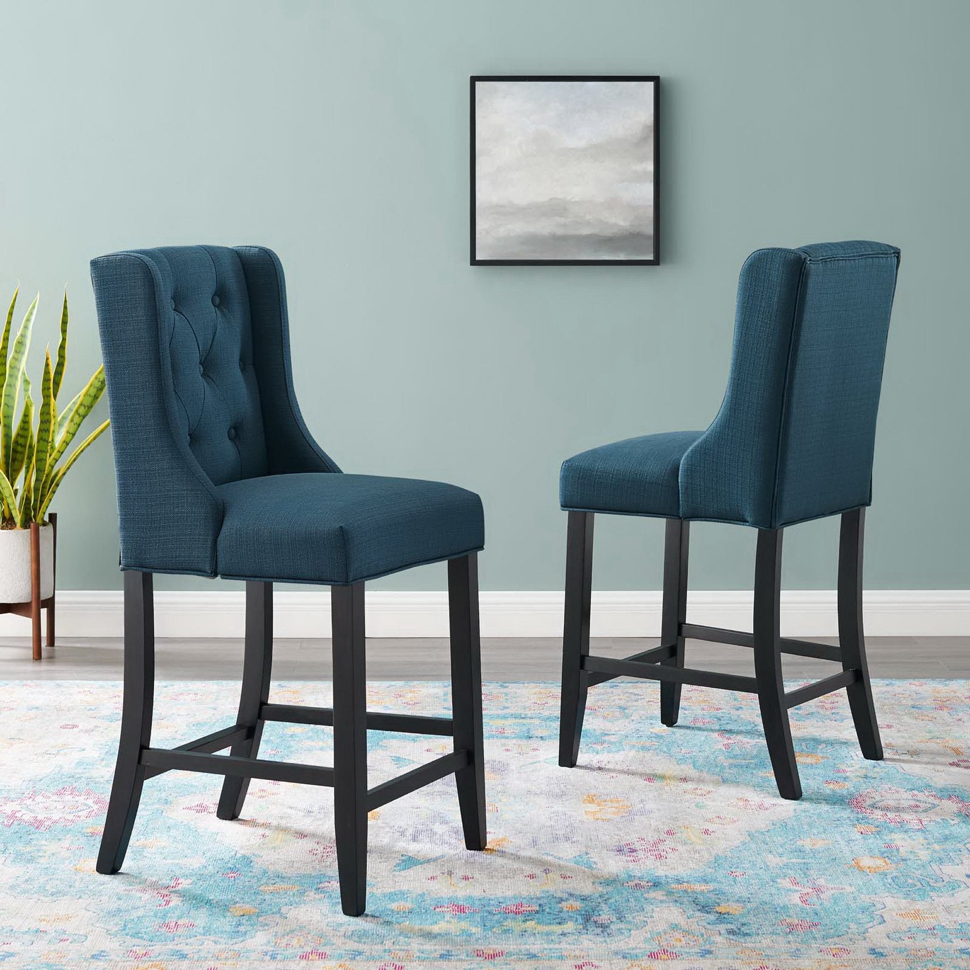 Baronet Upholstered Fabric Counter Bar Stool Set of 2, Azure