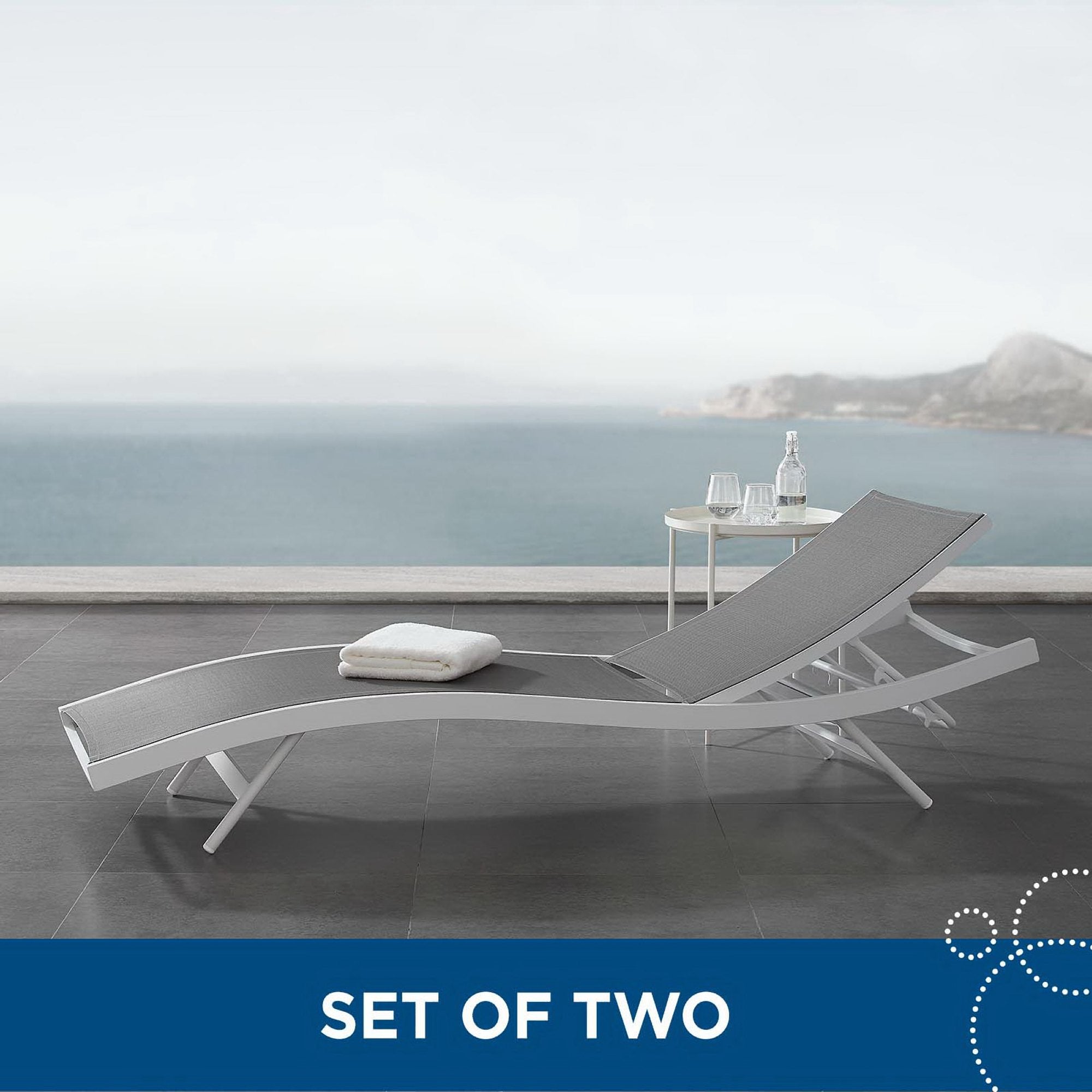 Glimpse Outdoor Patio Mesh Chaise Lounge Set of 2, White Gray