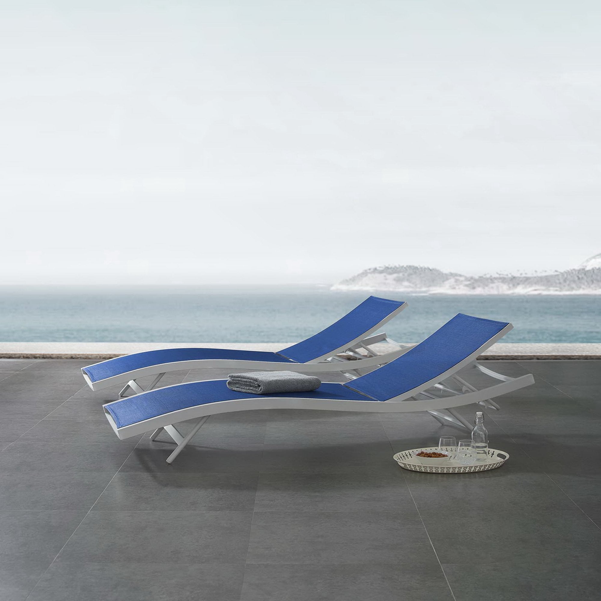 Glimpse Outdoor Patio Mesh Chaise Lounge Set of 2, White Navy