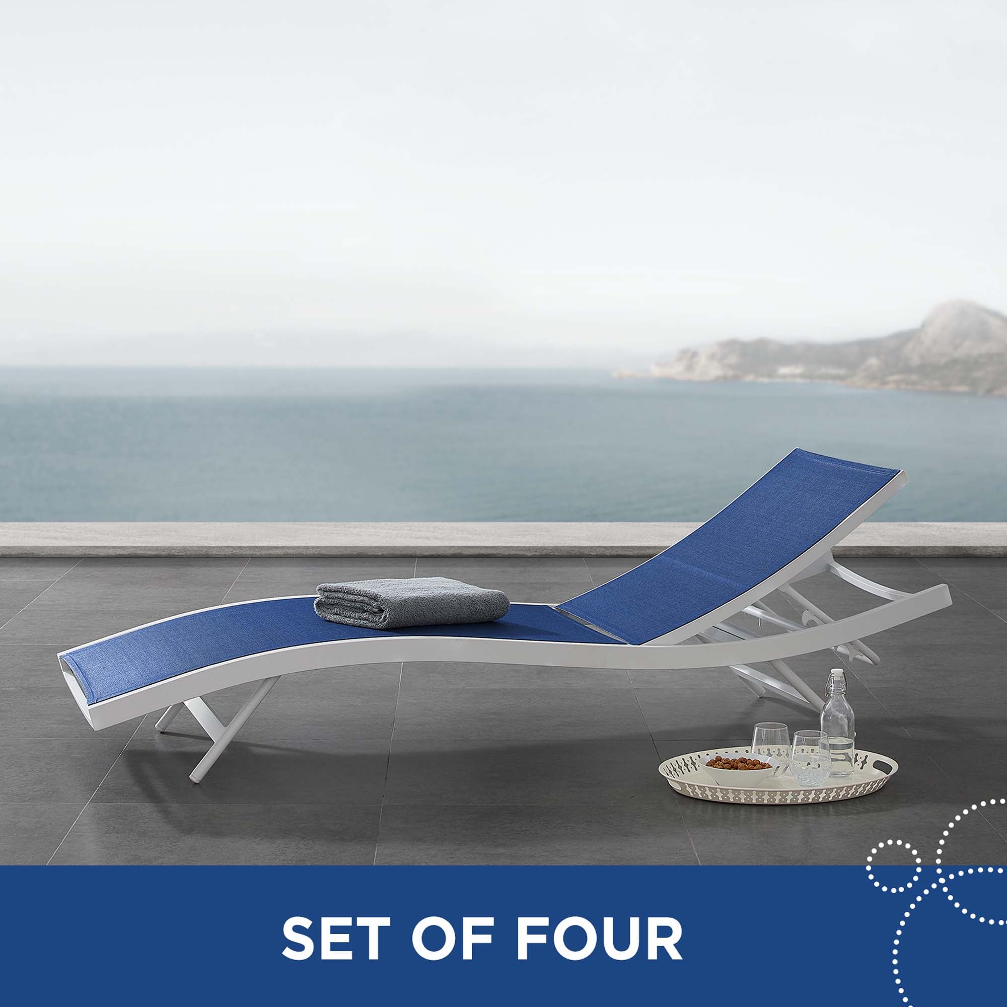 Glimpse Outdoor Patio Mesh Chaise Lounge Set of 4, White Navy