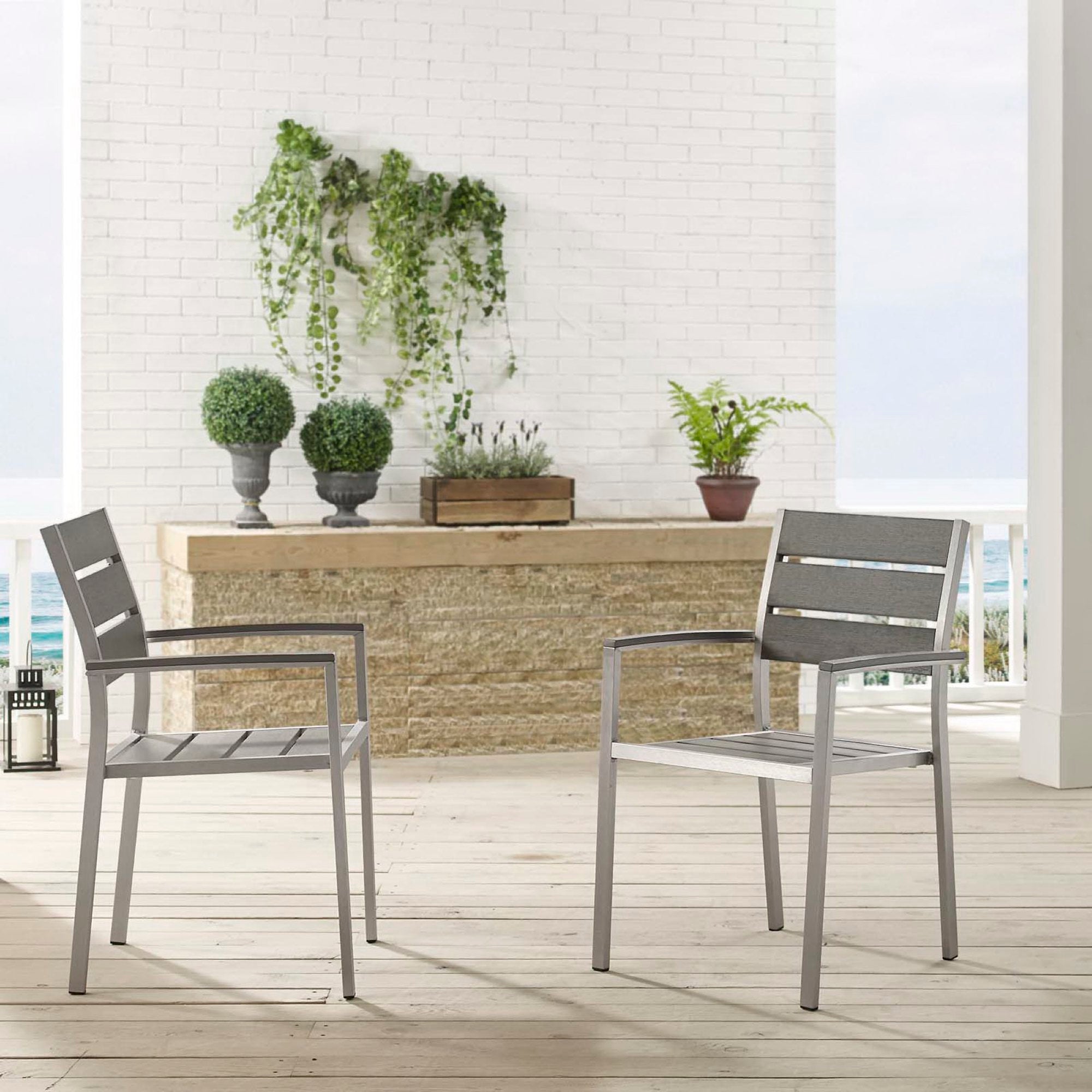 Shore Outdoor Patio Aluminum Dining Armchair Set of 2, Silver Gray