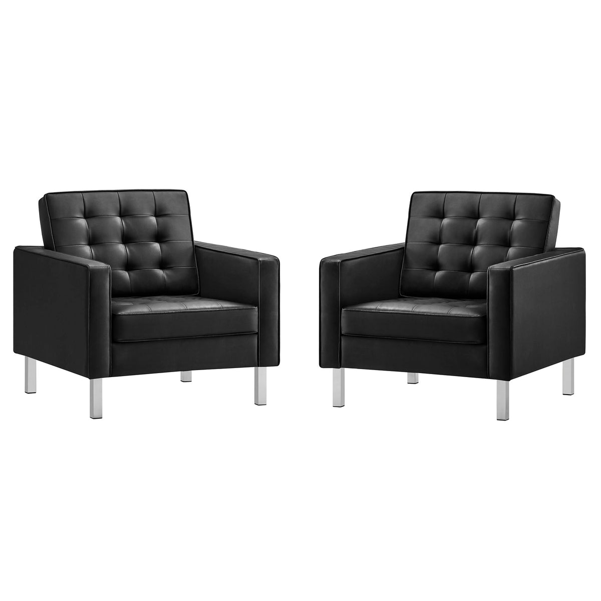 Loft Tufted Vegan Leather Armchairs Set of 2, Silver Black