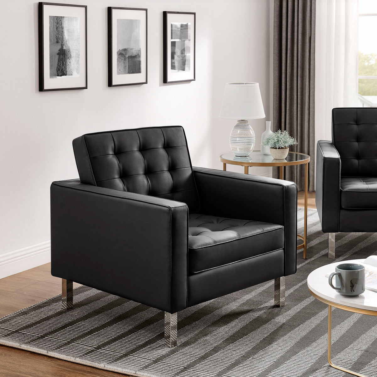 Loft Tufted Vegan Leather Armchairs Set of 2, Silver Black