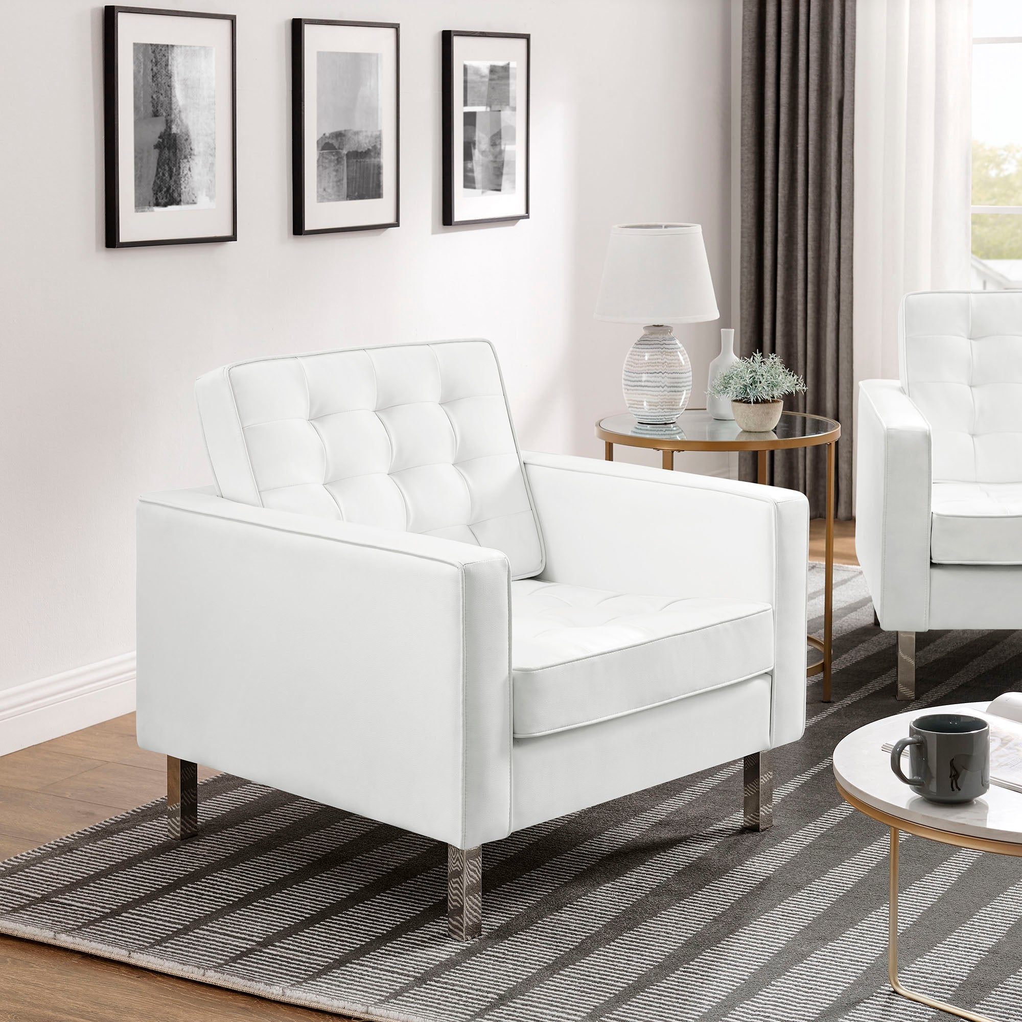 Loft Tufted Vegan Leather Armchairs Set of 2, Silver White