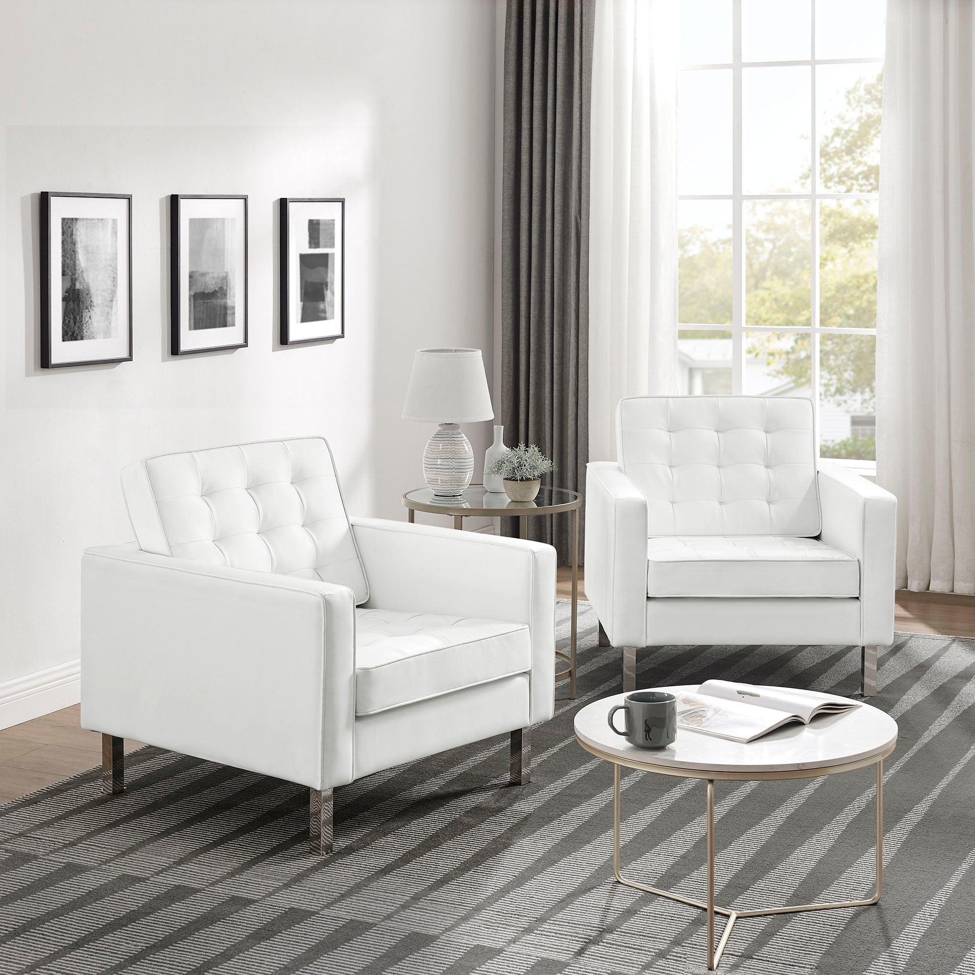 Loft Tufted Vegan Leather Armchairs Set of 2, Silver White