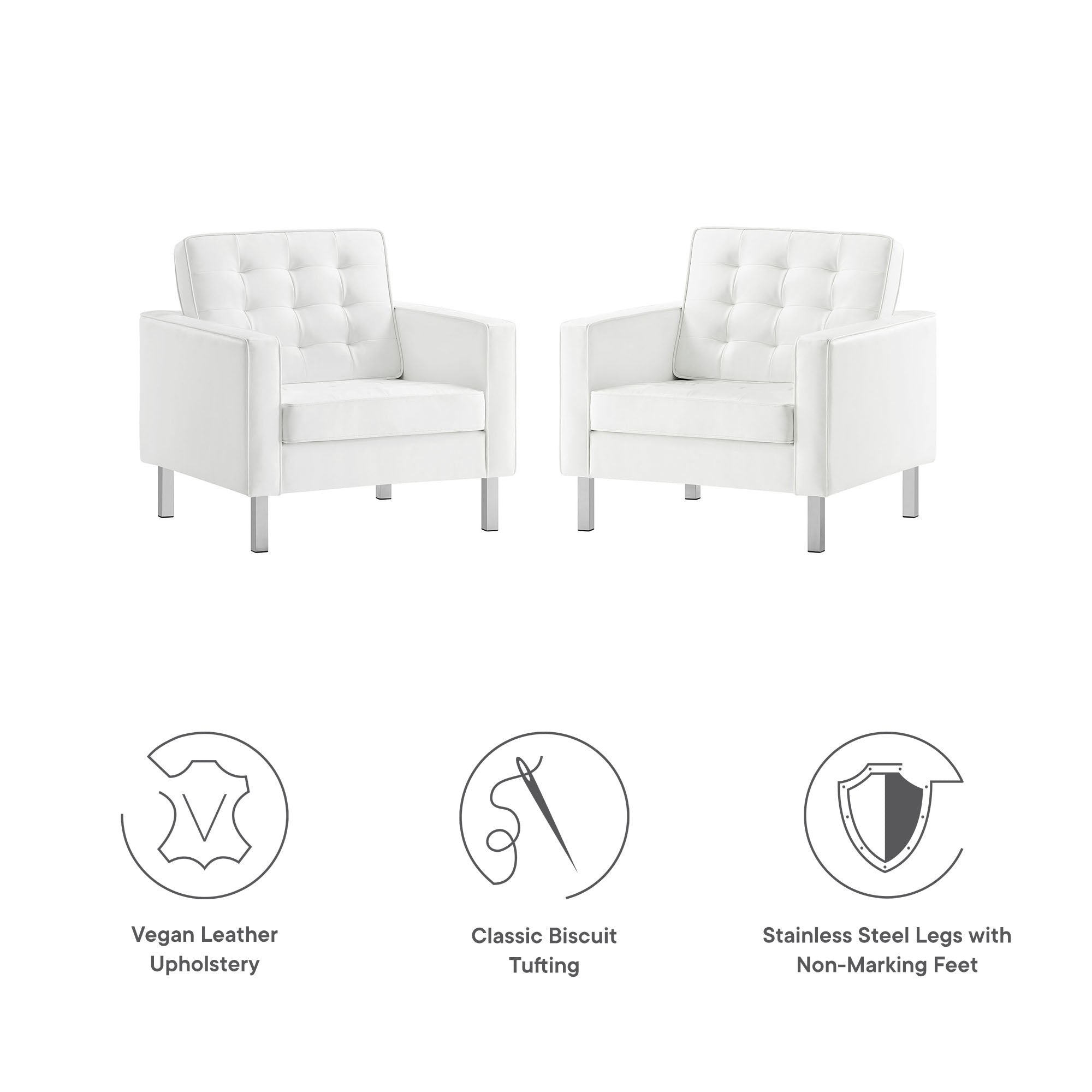 Loft Tufted Vegan Leather Armchairs Set of 2, Silver White