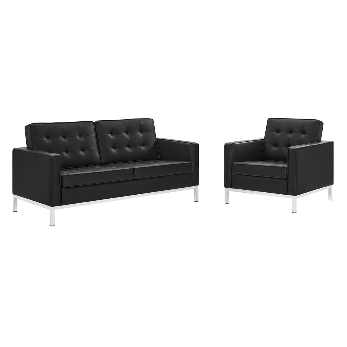 Loft Tufted Upholstered Faux Leather Loveseat and Armchair Set, Silver Black