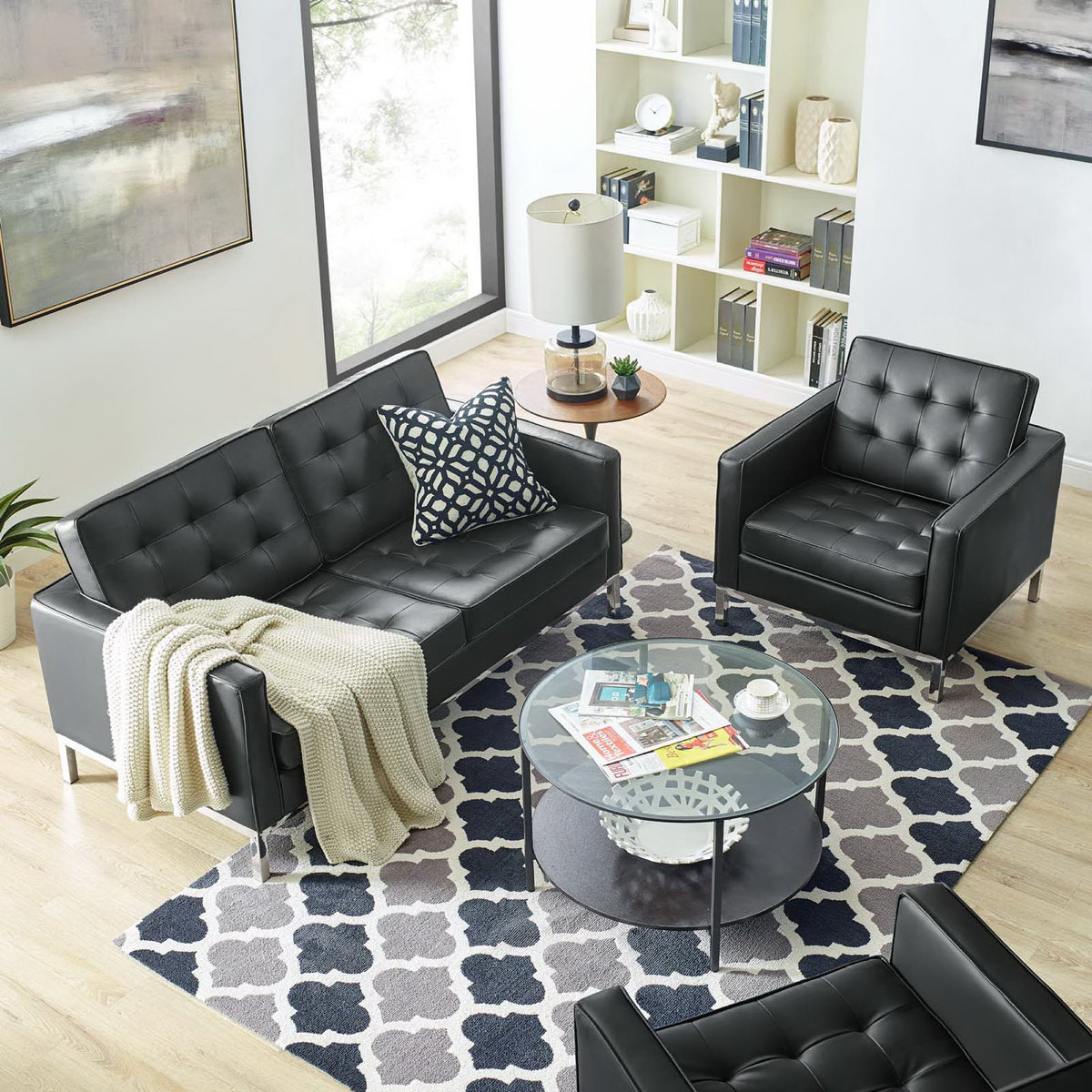 Loft Tufted Upholstered Faux Leather Loveseat and Armchair Set, Silver Black