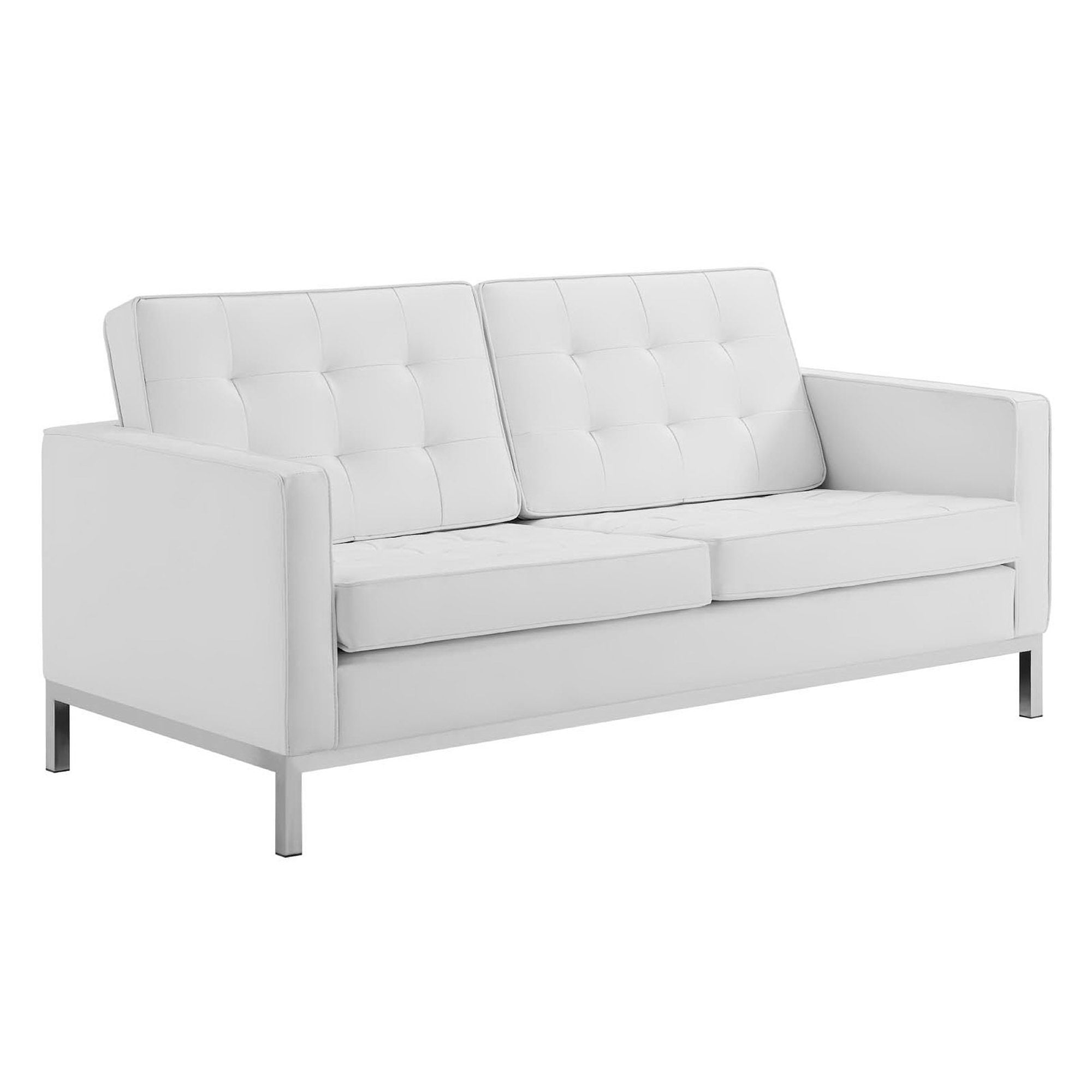 Loft Tufted Upholstered Faux Leather Loveseat and Armchair Set, Silver White