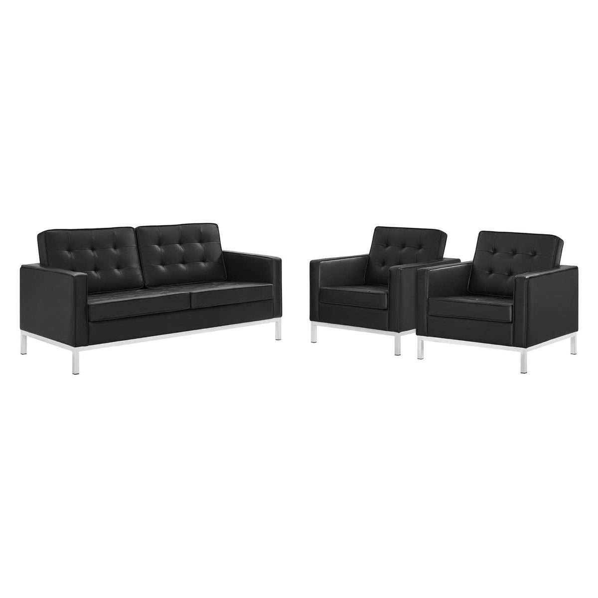Loft 3 Piece Tufted Upholstered Faux Leather Set, Silver Black - Model EEI-4103