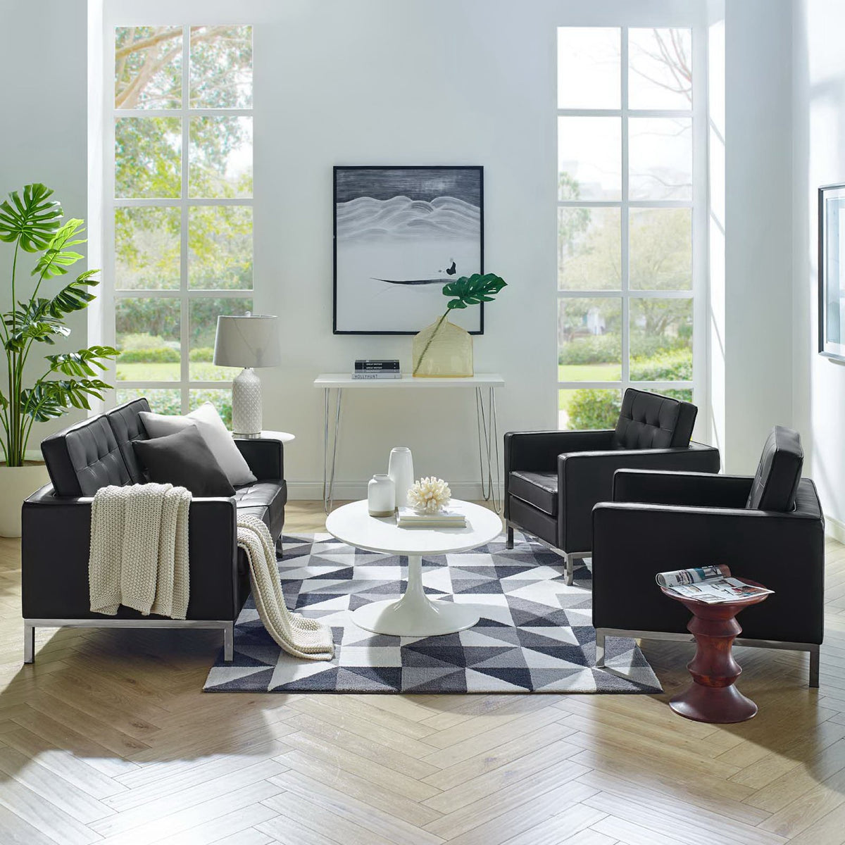 Loft 3 Piece Tufted Upholstered Faux Leather Set, Silver Black - Model EEI-4103