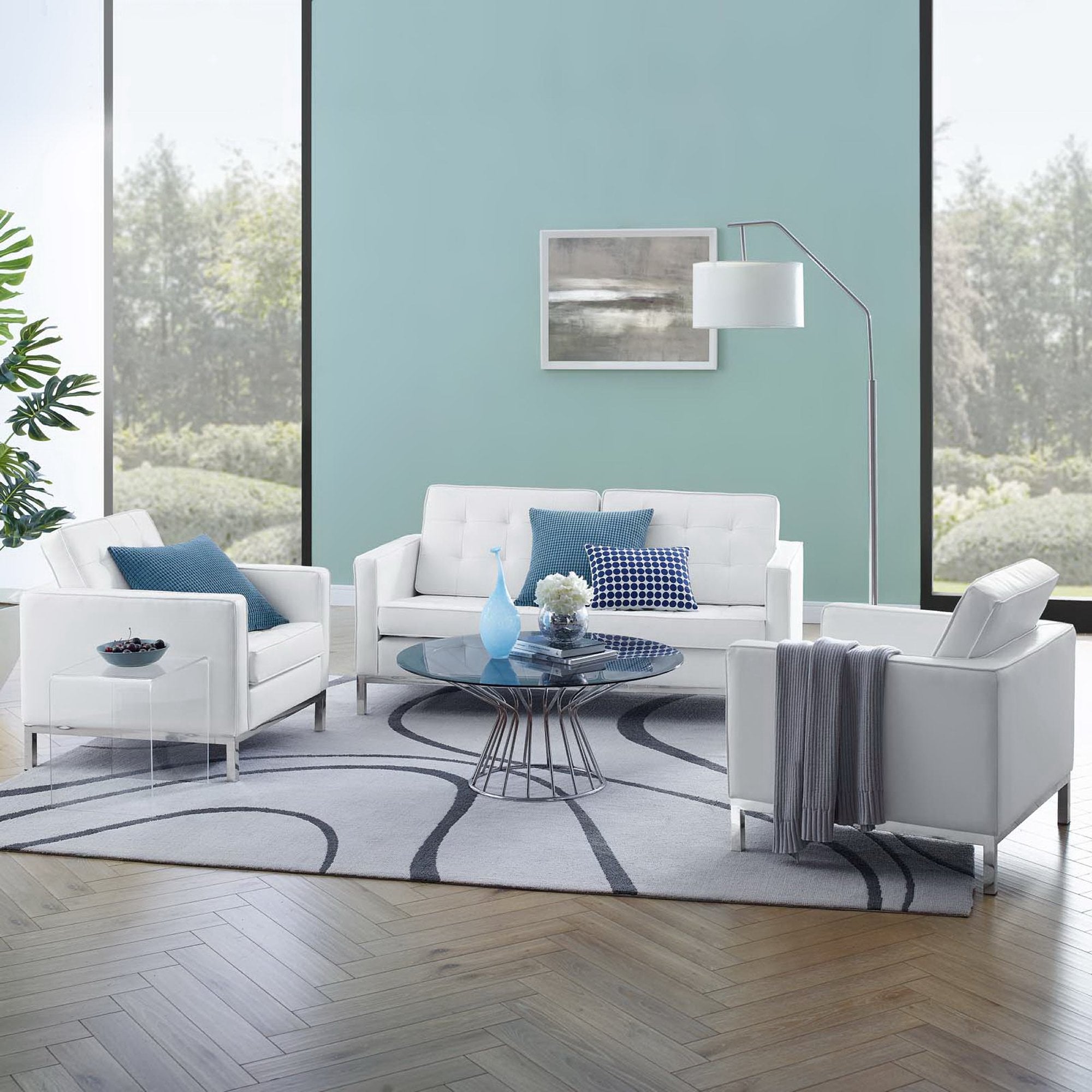 Loft 3 Piece Tufted Upholstered Faux Leather Set, Silver White