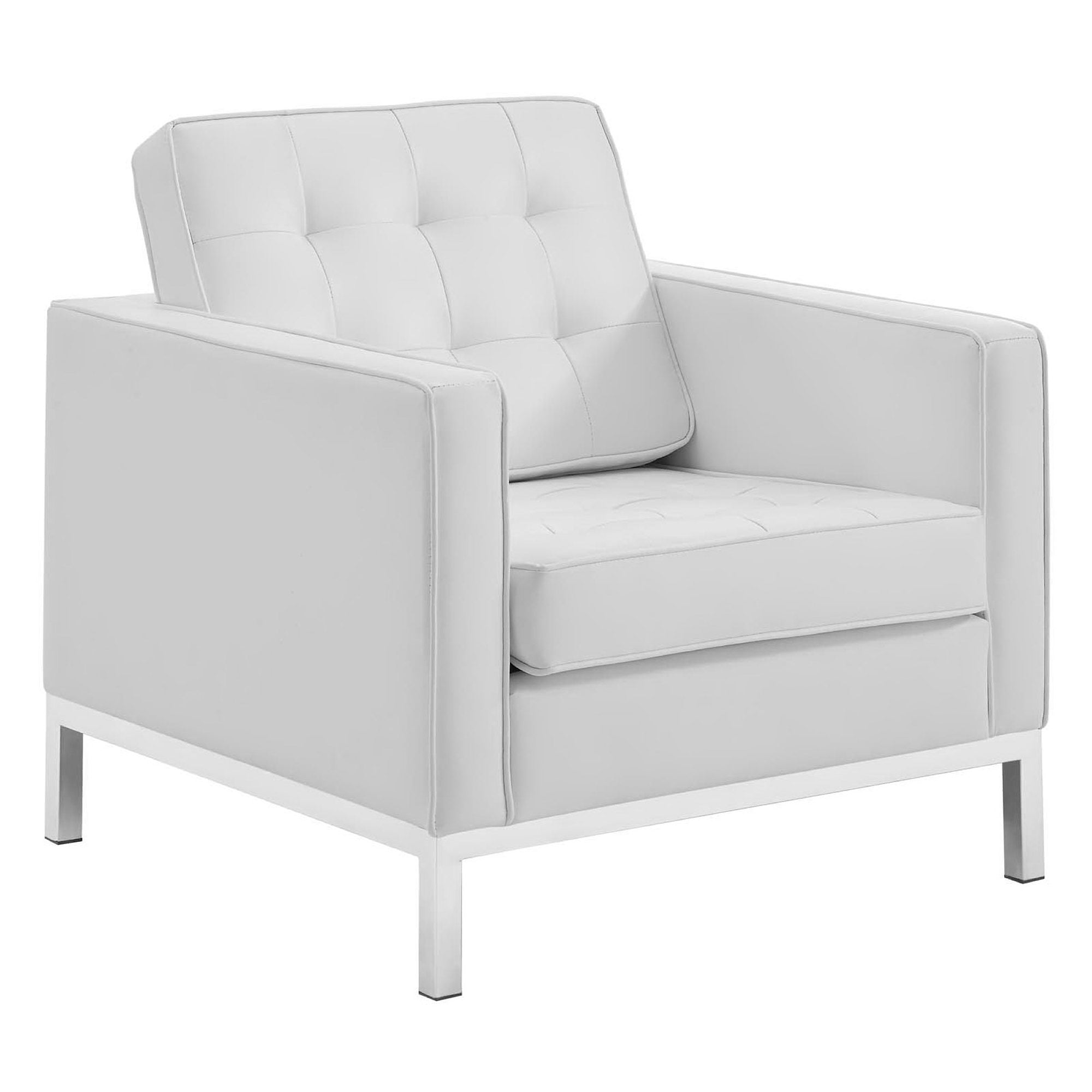 Loft Tufted Upholstered Faux Leather Sofa and Armchair Set, Silver White
