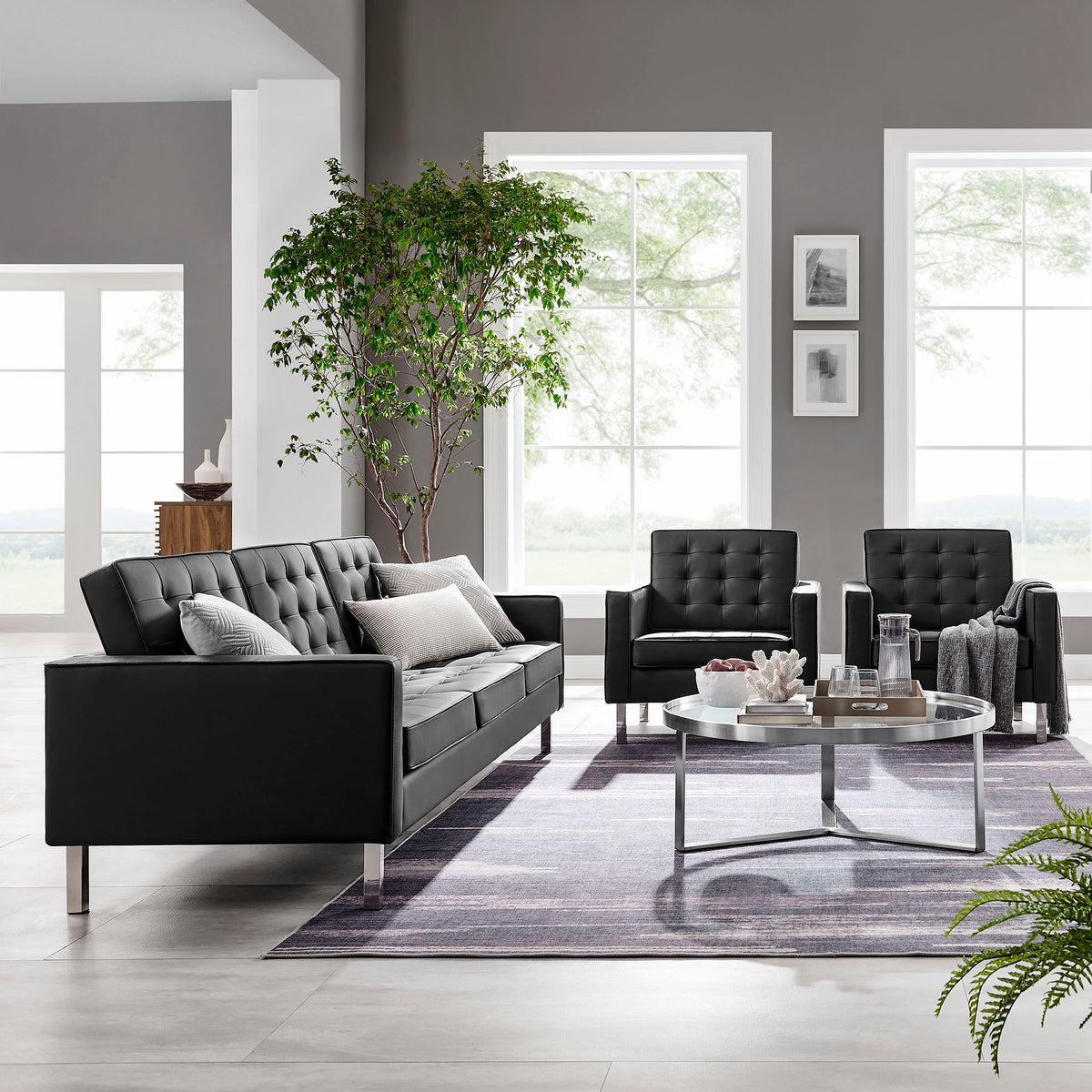 Loft 3-Piece Tufted Vegan Leather Furniture Set, Silver Black