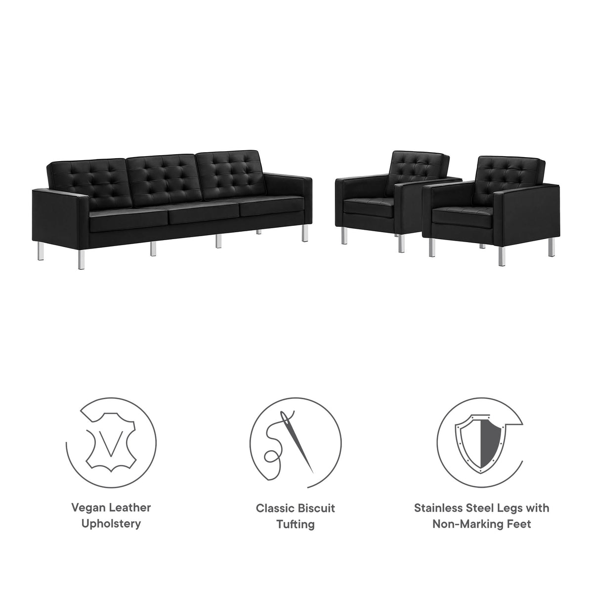 Loft 3-Piece Tufted Vegan Leather Furniture Set, Silver Black