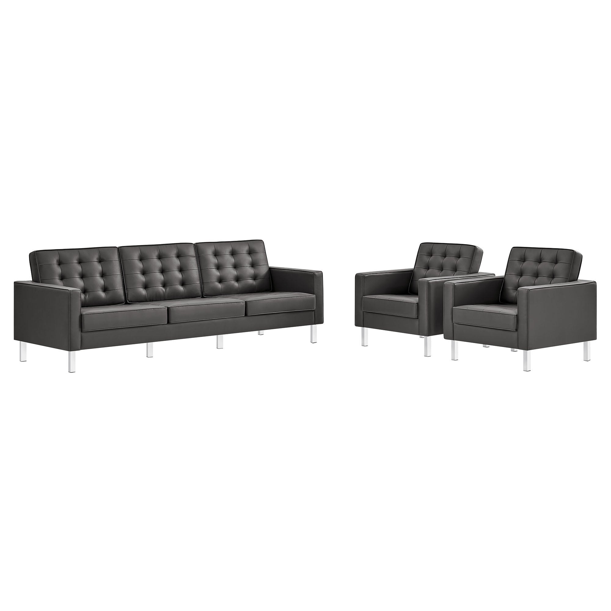 Loft 3-Piece Tufted Vegan Leather Furniture Set, Silver Gray