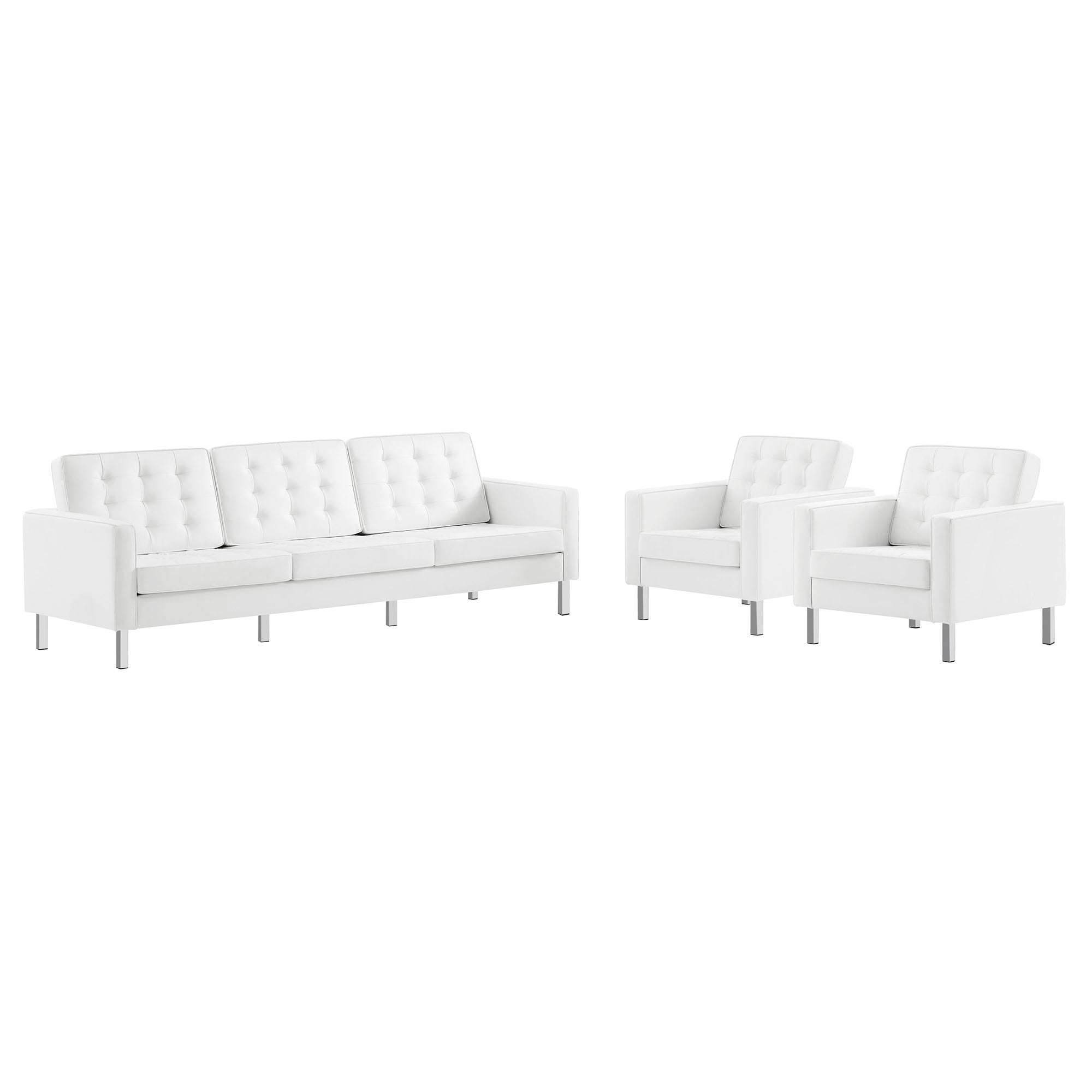 Loft 3-Piece Tufted Vegan Leather Furniture Set, Silver White