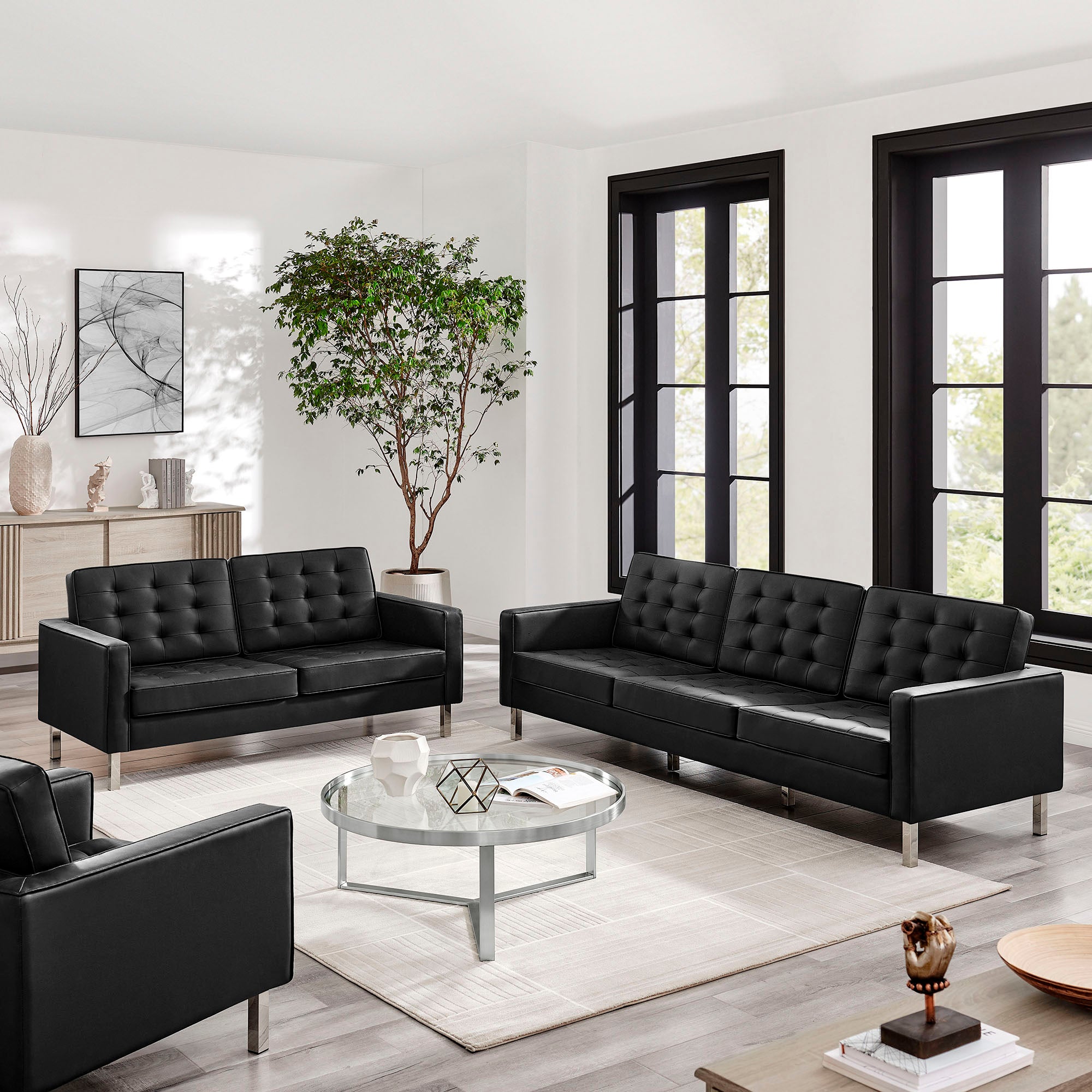 Loft 2-Piece Tufted Vegan Leather Furniture Set, Silver Black