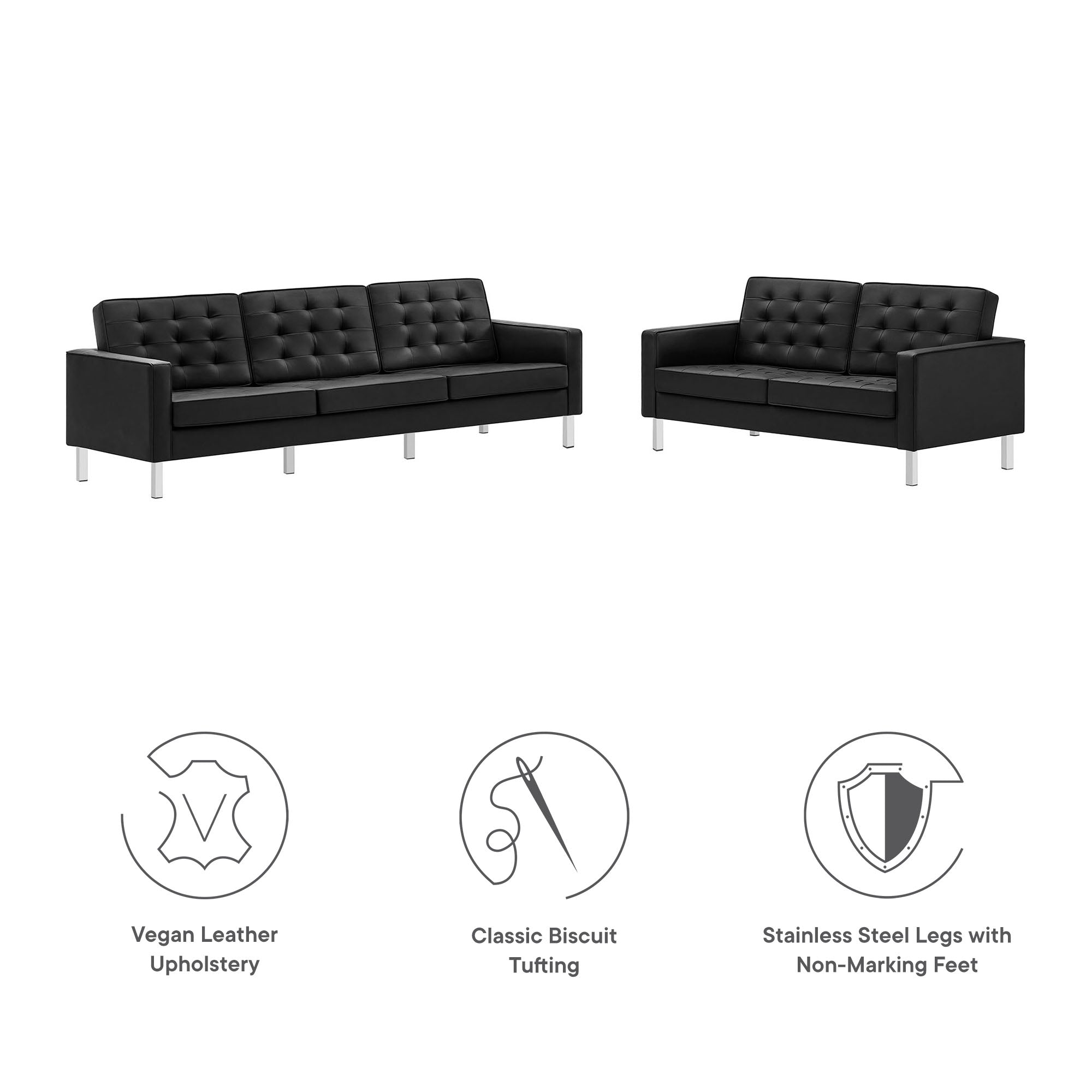 Loft 2-Piece Tufted Vegan Leather Furniture Set, Silver Black
