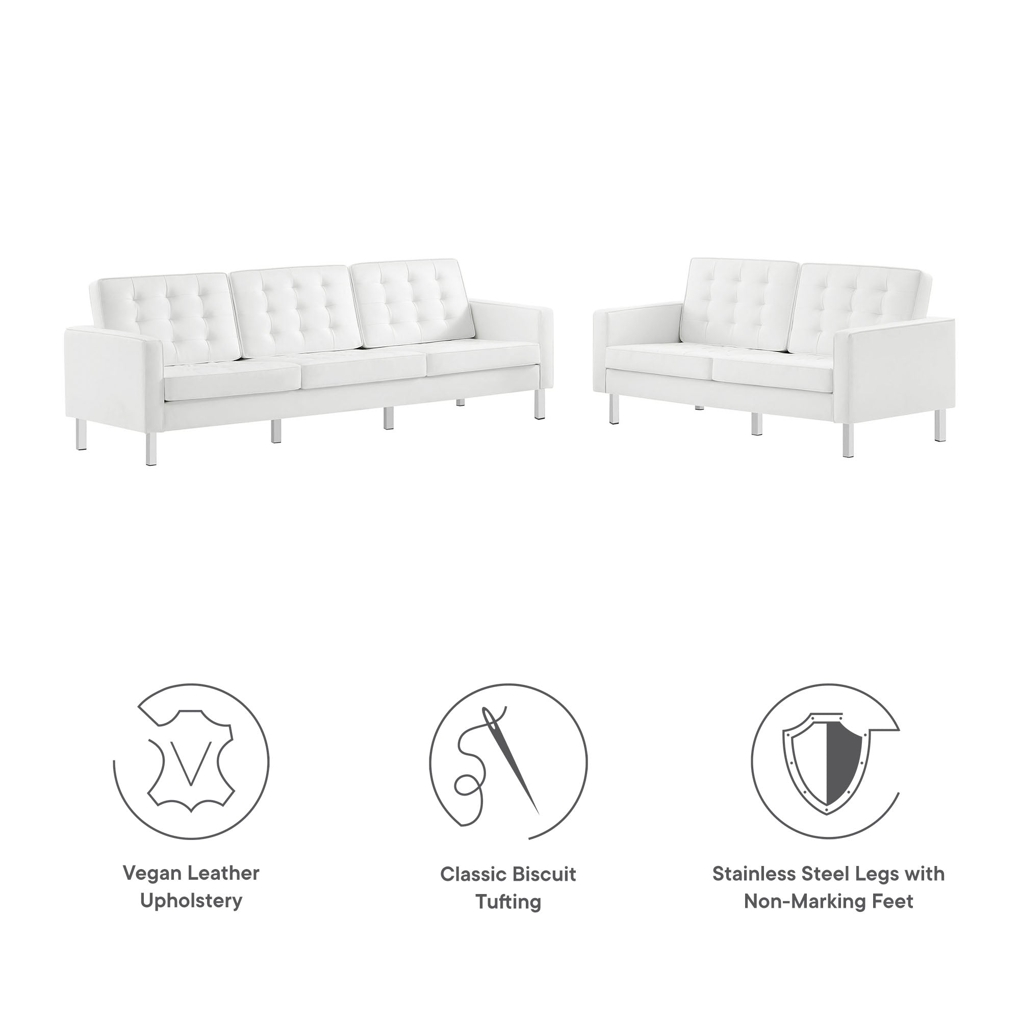 Loft 2-Piece Tufted Vegan Leather Furniture Set, Silver White
