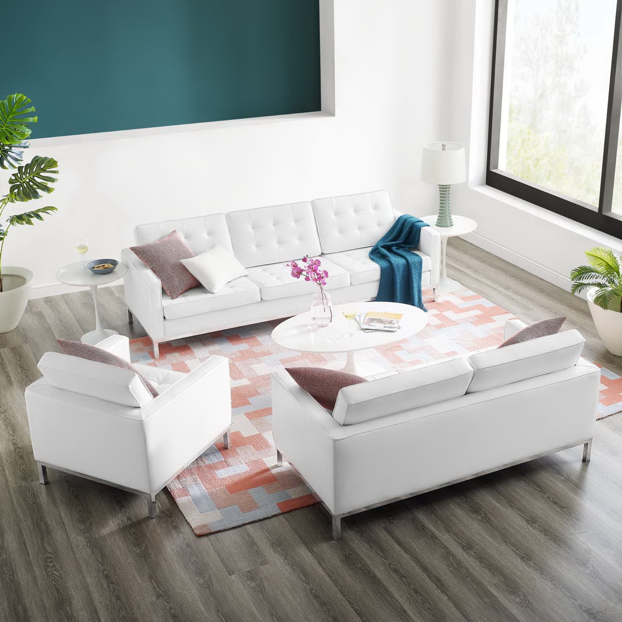 Loft 3 Piece Tufted Upholstered Faux Leather Set, Silver White