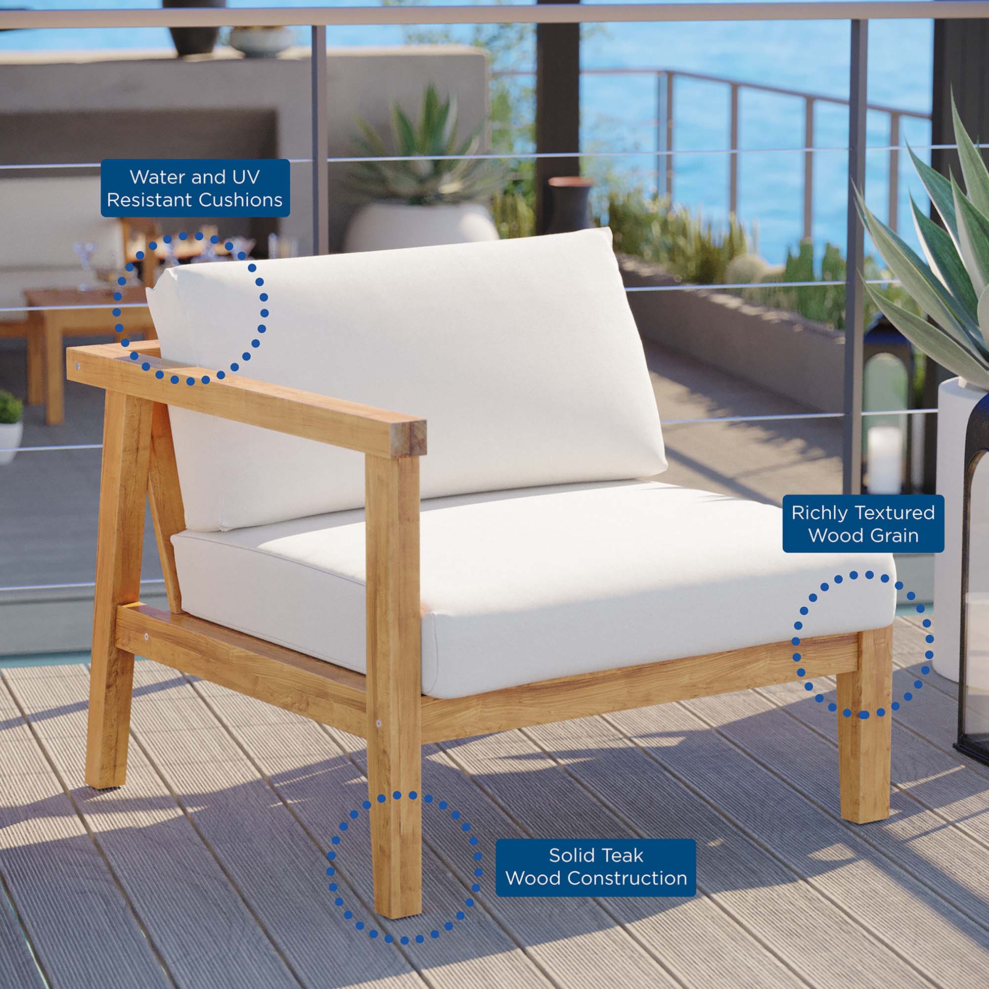 Bayport Outdoor Patio Teak Wood Left-Arm Chair, Natural White