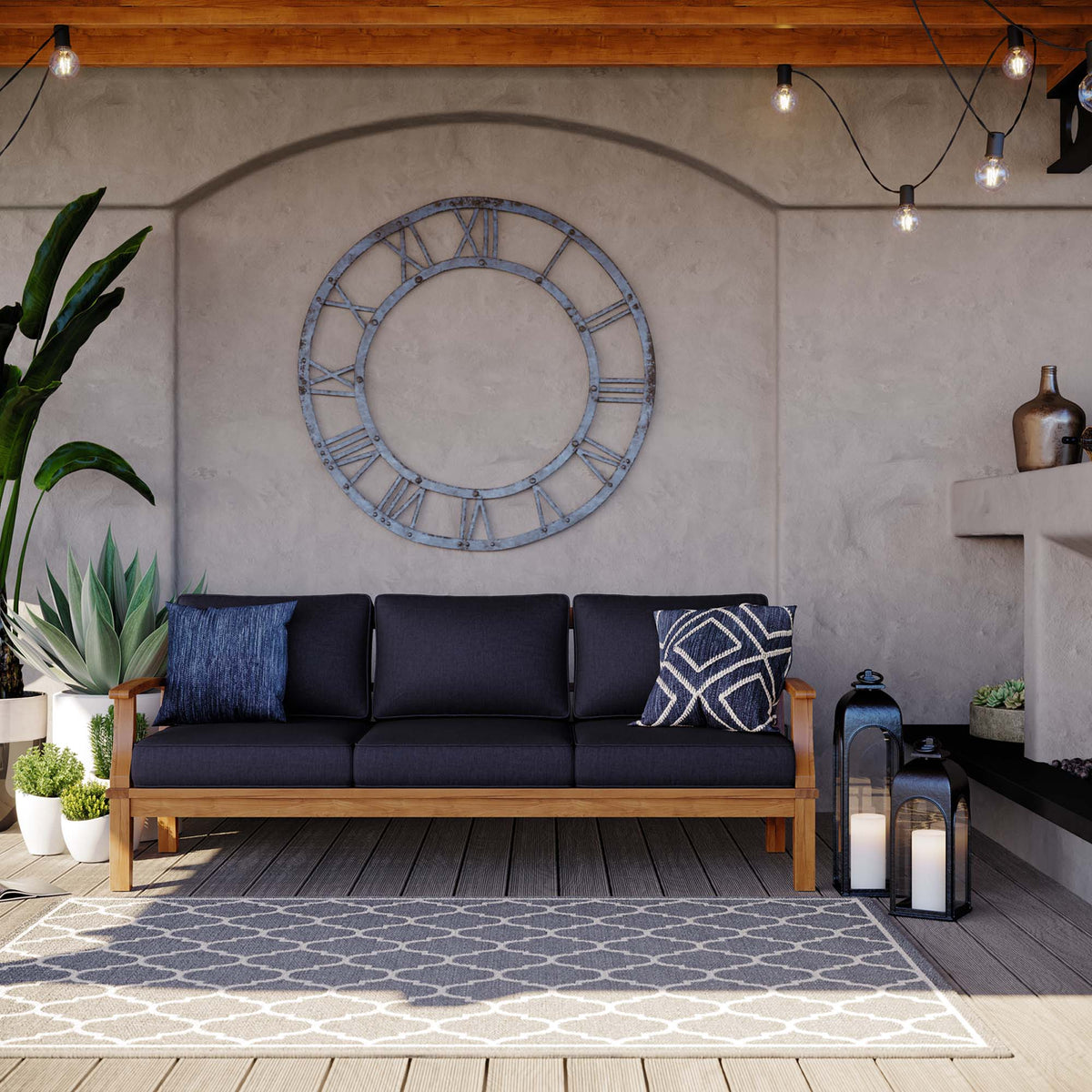Marina Outdoor Patio Teak Sofa, Natural Navy
