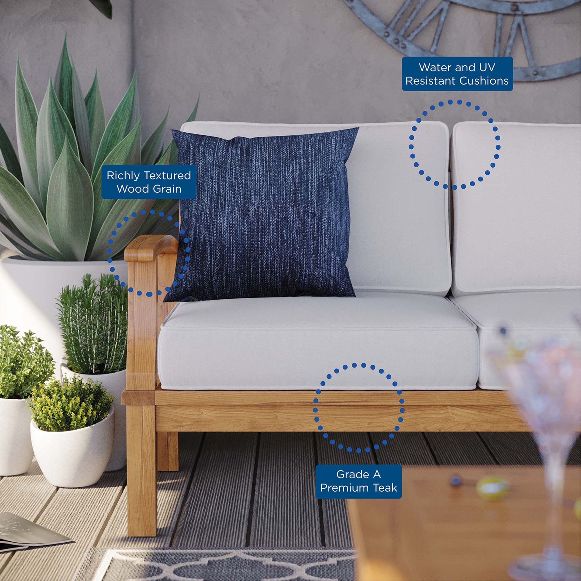 Marina Outdoor Patio Teak Sofa, Natural White